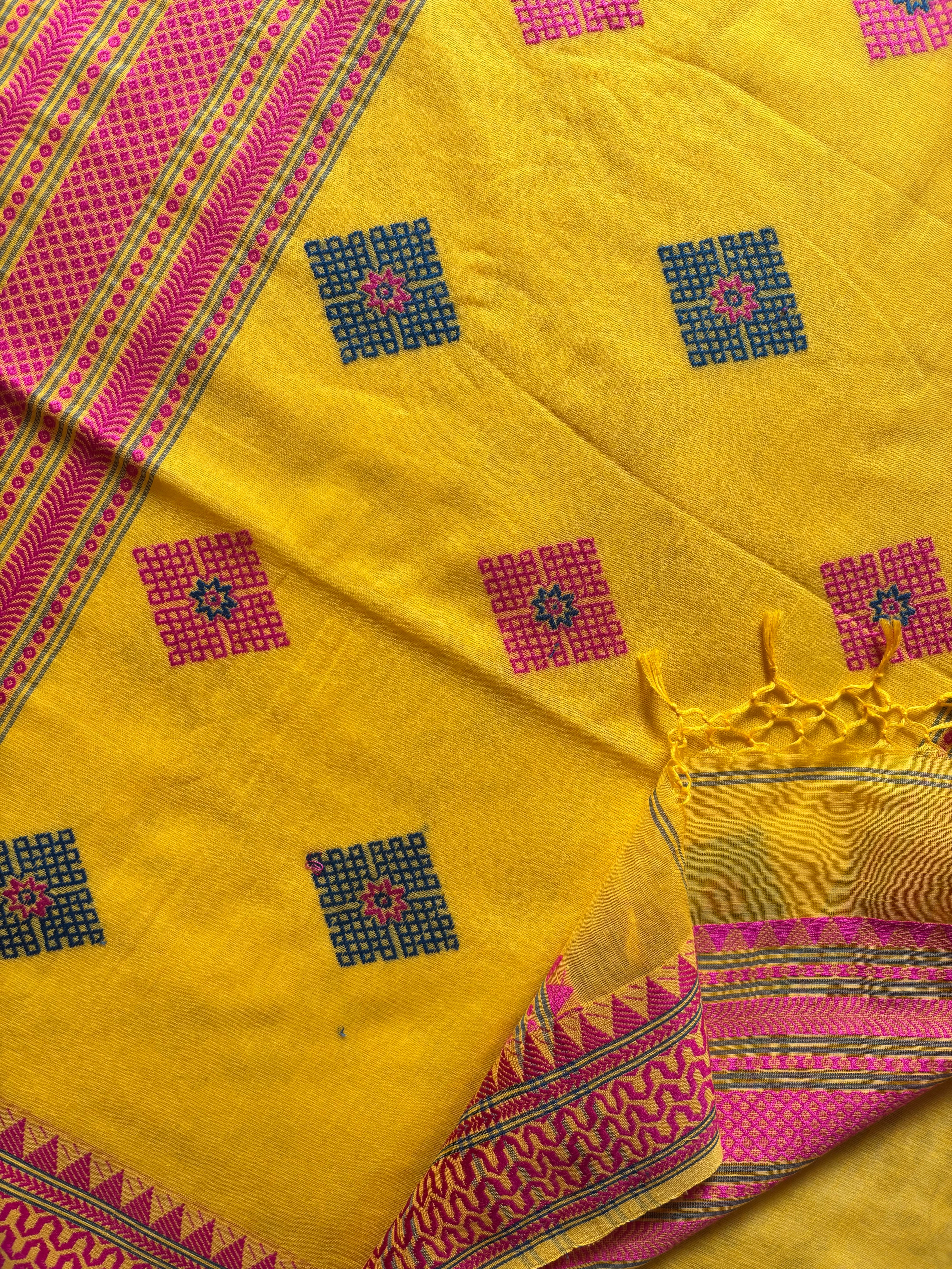 Handwoven Bright Yellow Colour Phulia Cotton Saree