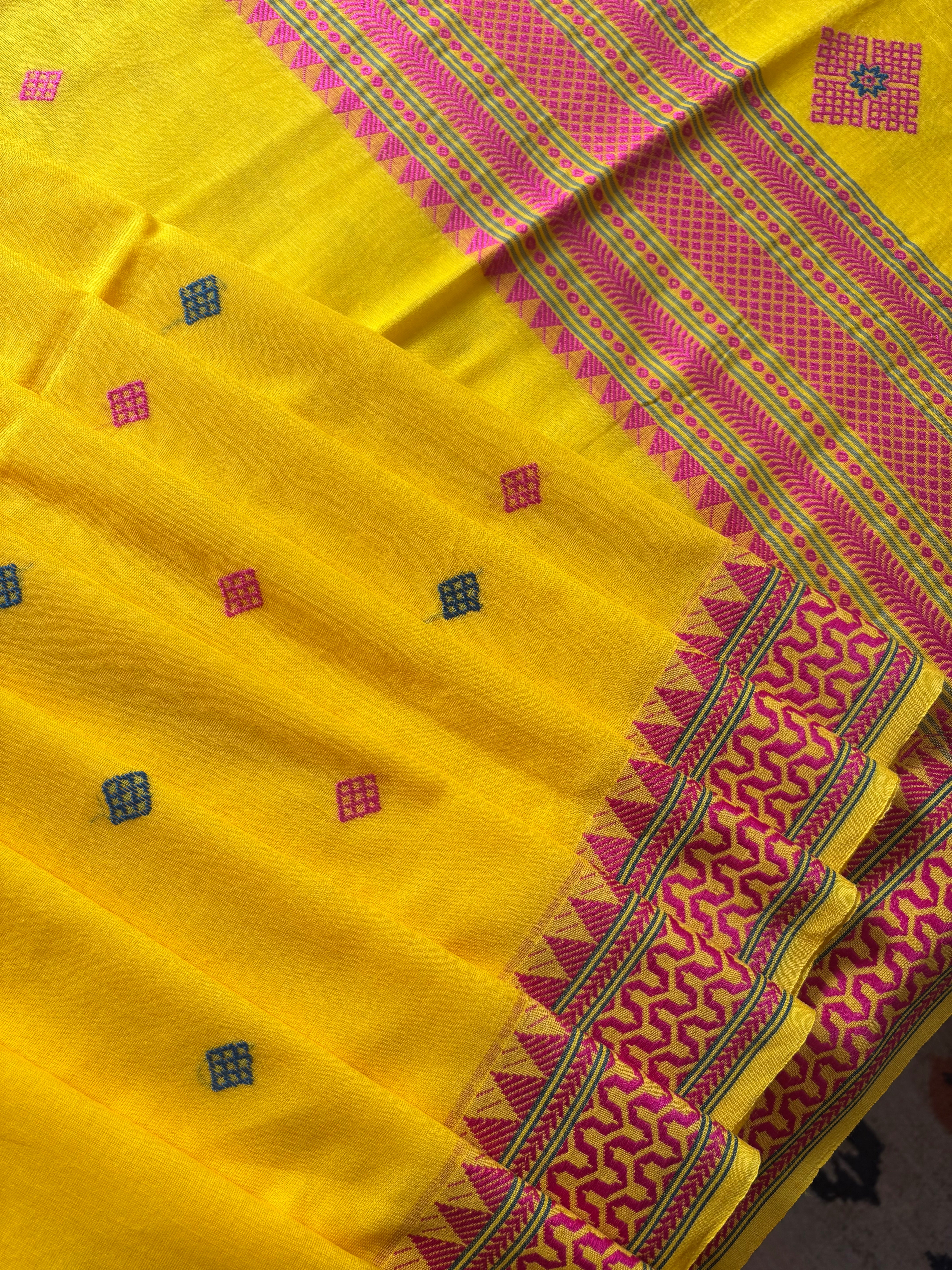 Handwoven Bright Yellow Colour Phulia Cotton Saree