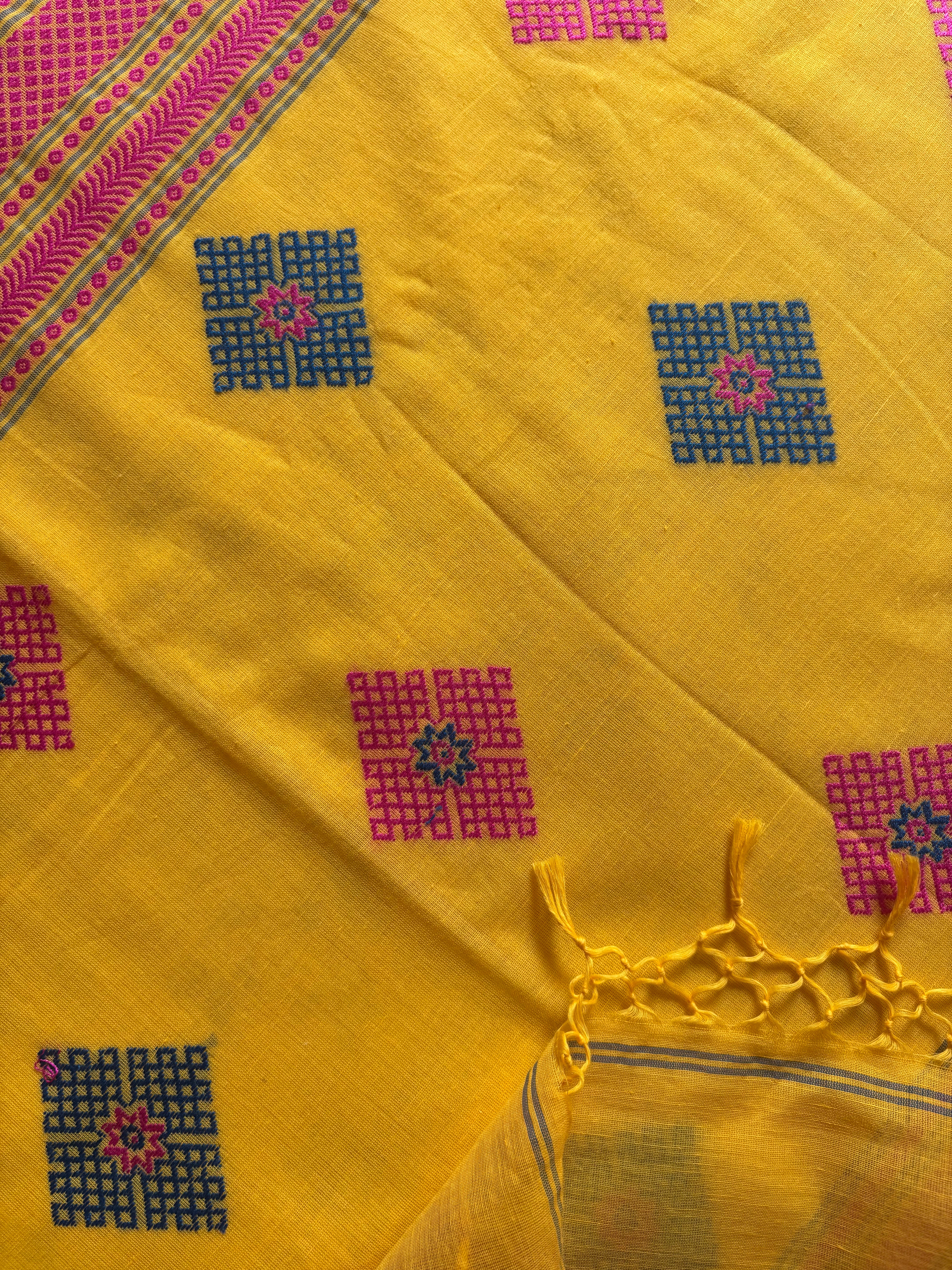 Handwoven Bright Yellow Colour Phulia Cotton Saree