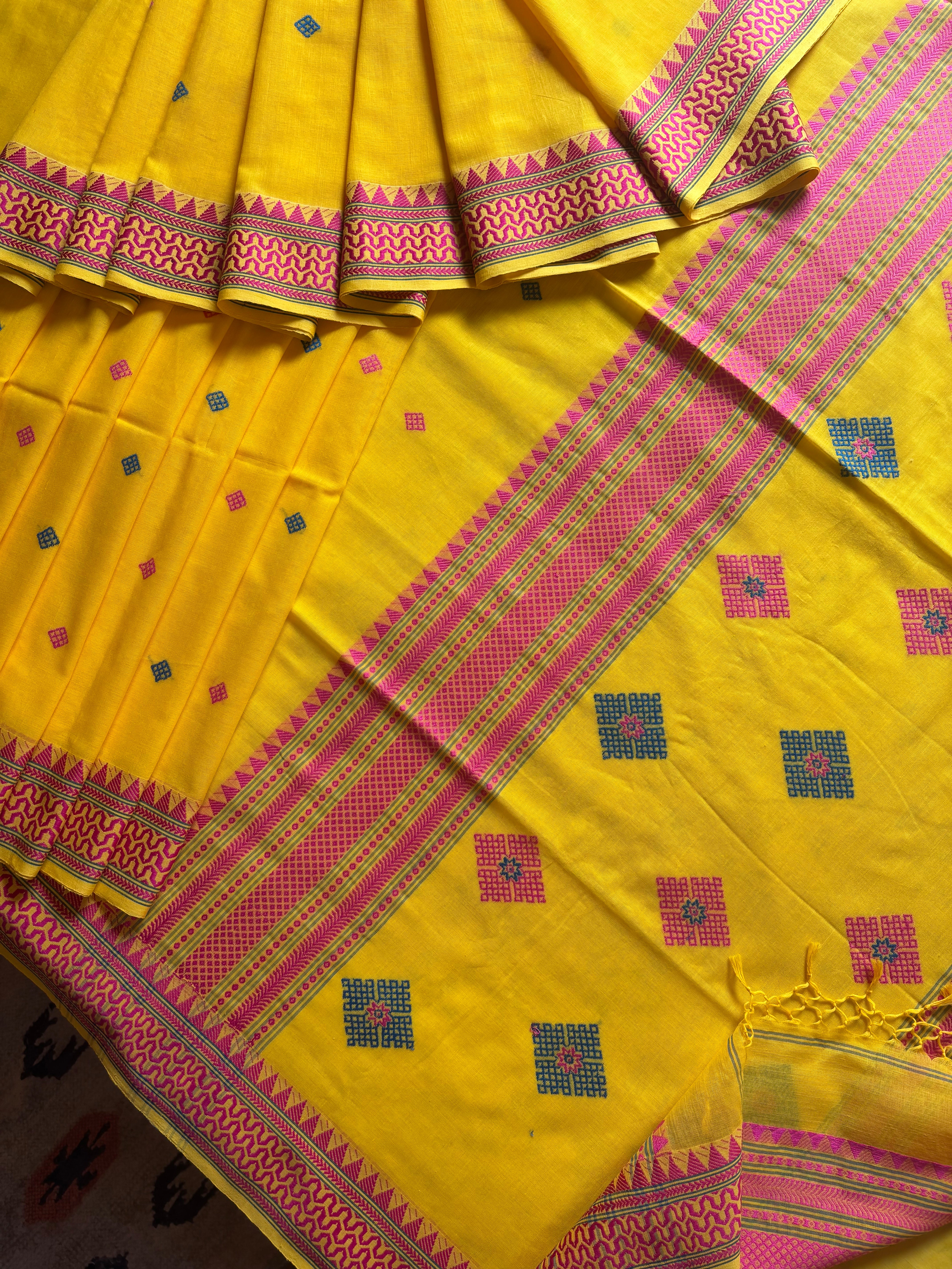 Handwoven Bright Yellow Colour Phulia Cotton Saree