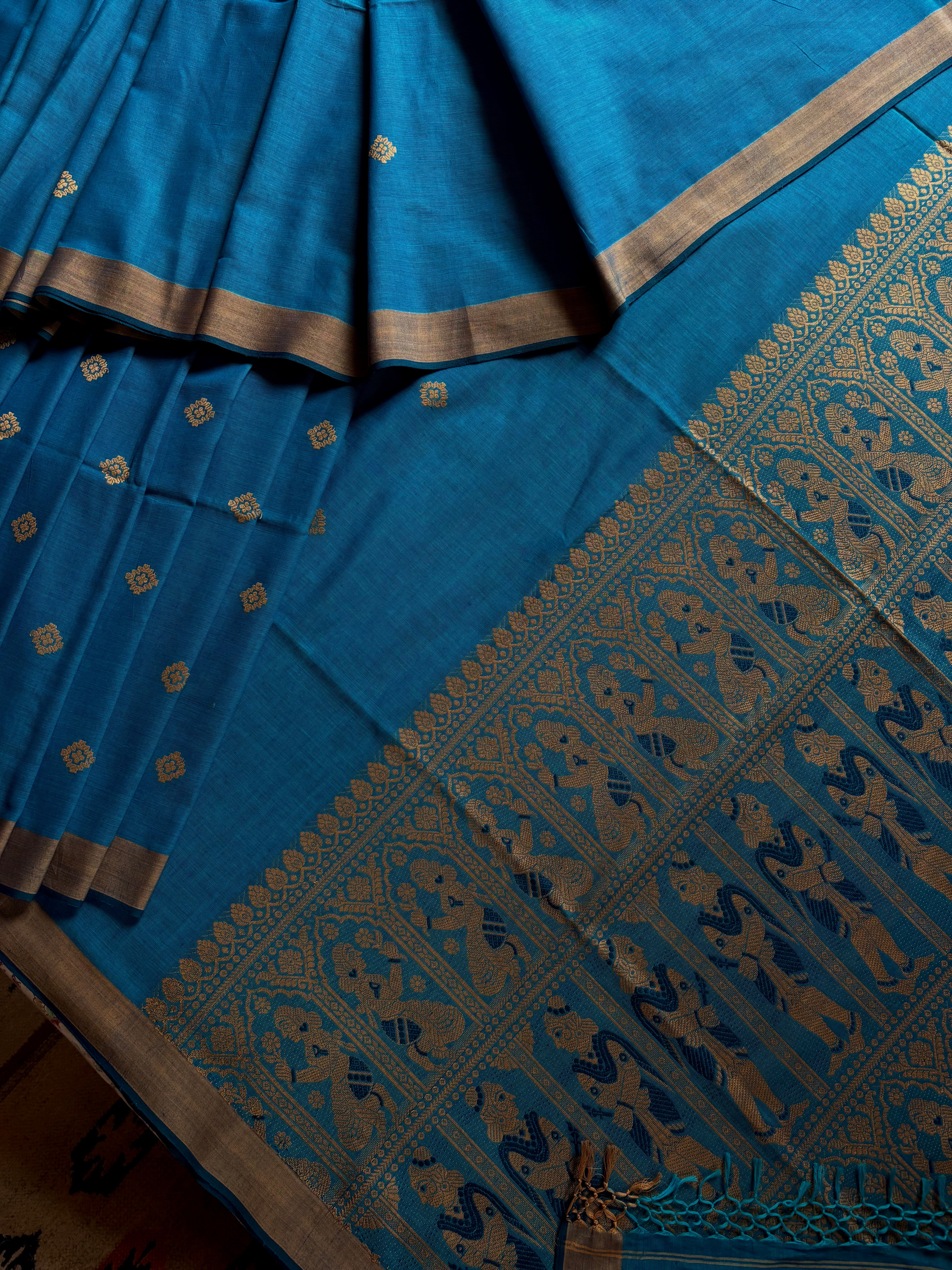 Handwoven Dual Toned Blue Colour Cotton Baluchari Saree