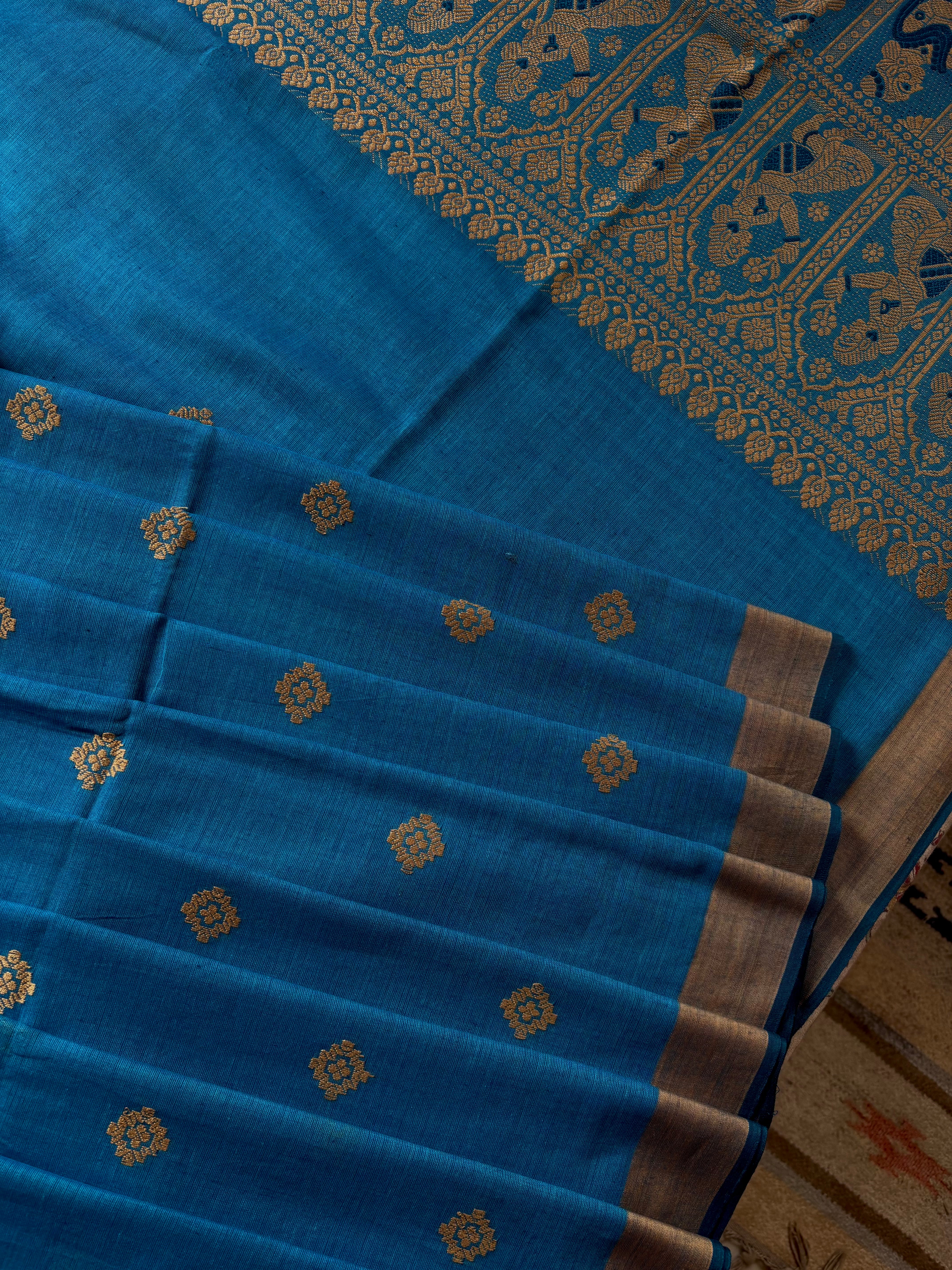 Handwoven Dual Toned Blue Colour Cotton Baluchari Saree