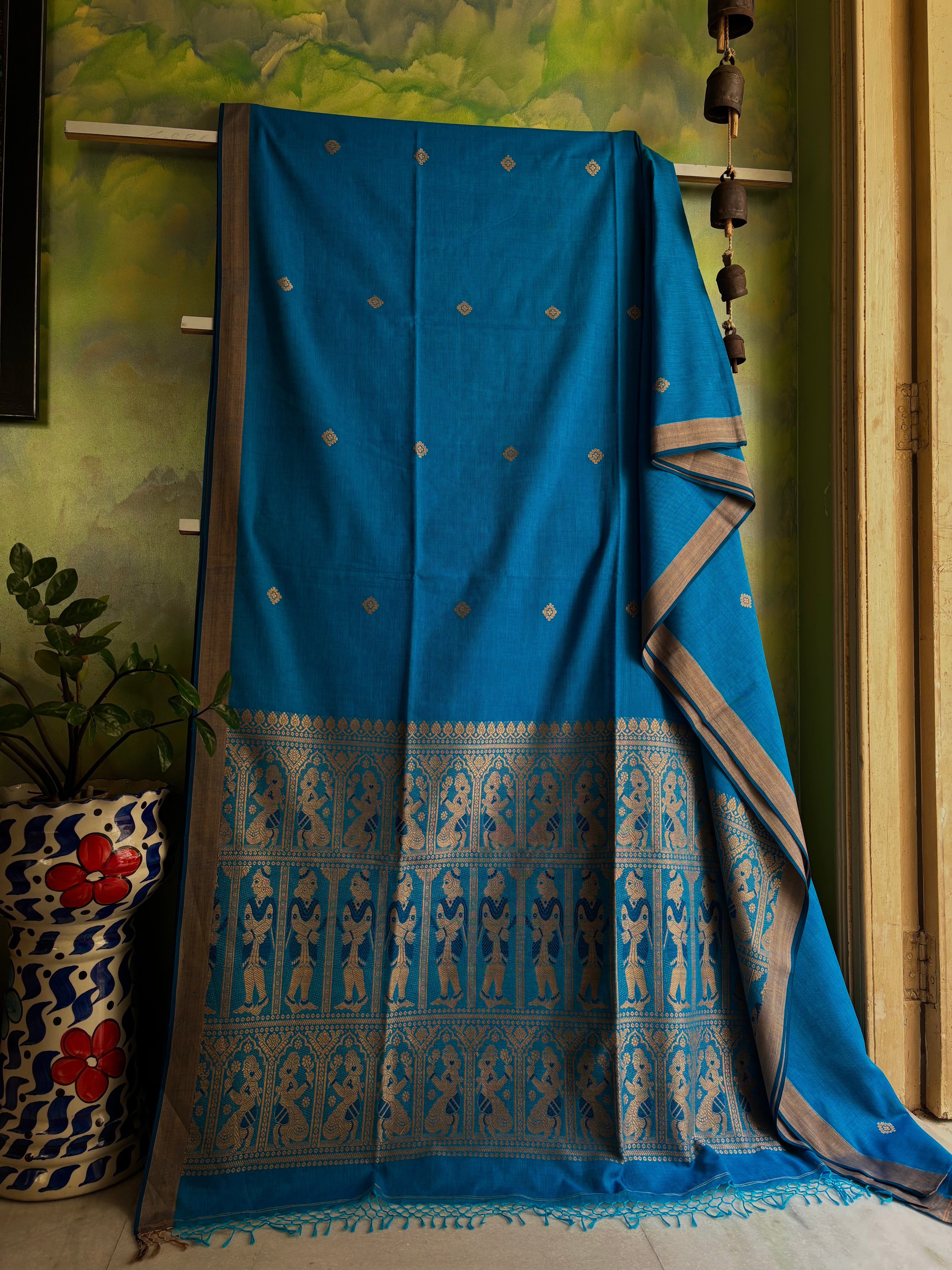 Handwoven Dual Toned Blue Colour Cotton Baluchari Saree