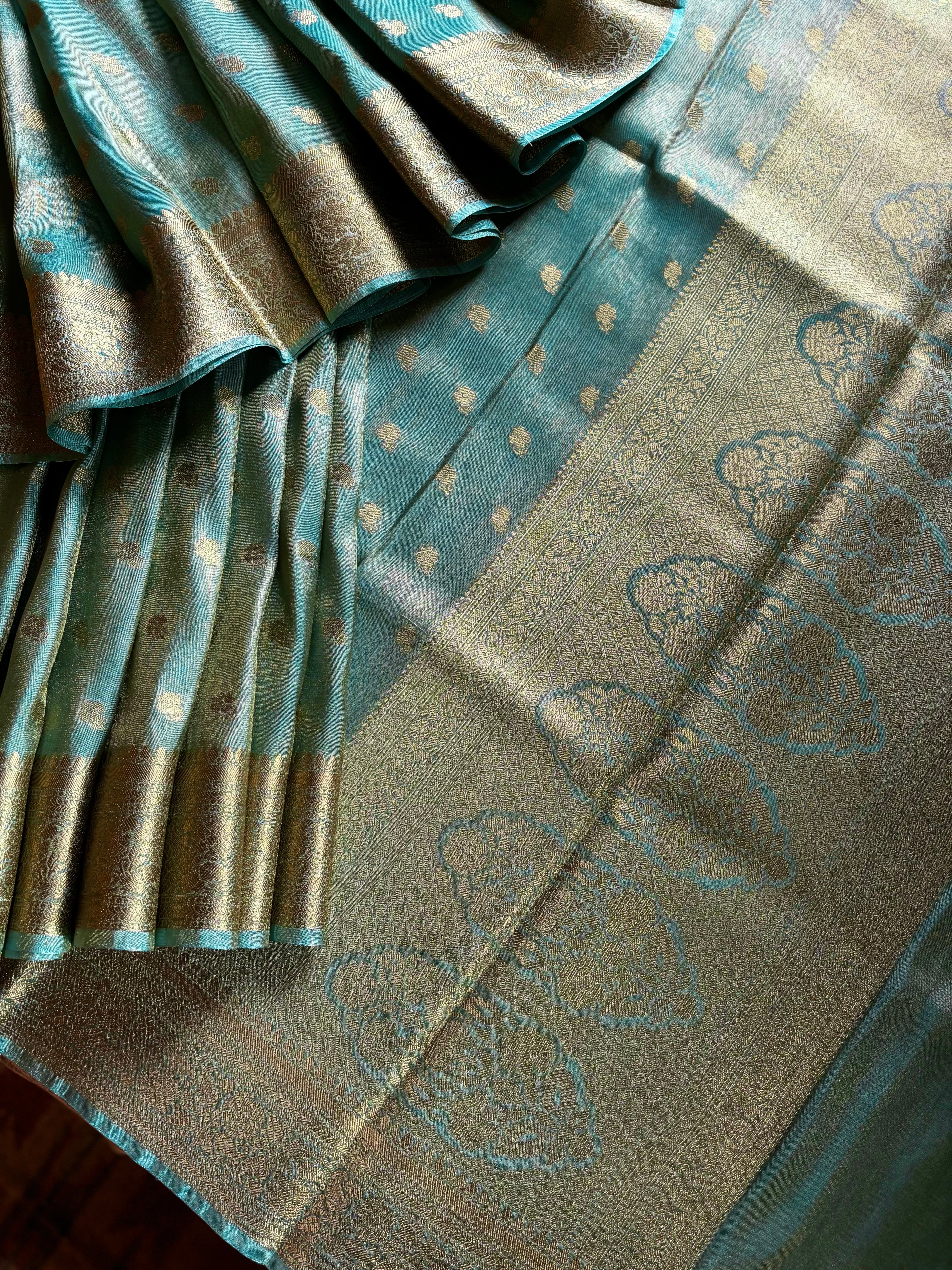 Golden Sky Blue Tissue Katan Copper Zari Benarasi Saree