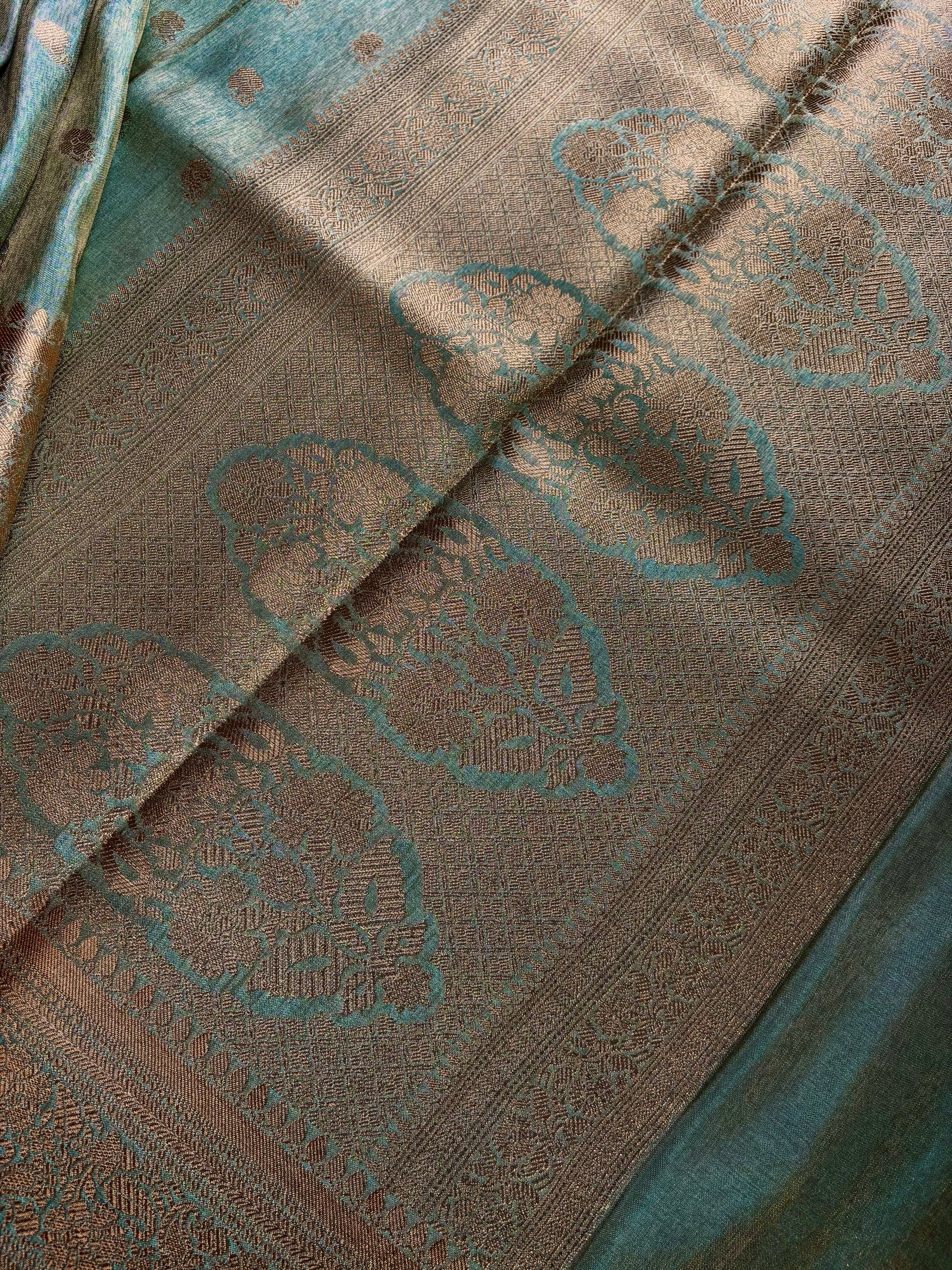 Golden Sky Blue Tissue Katan Copper Zari Benarasi Saree