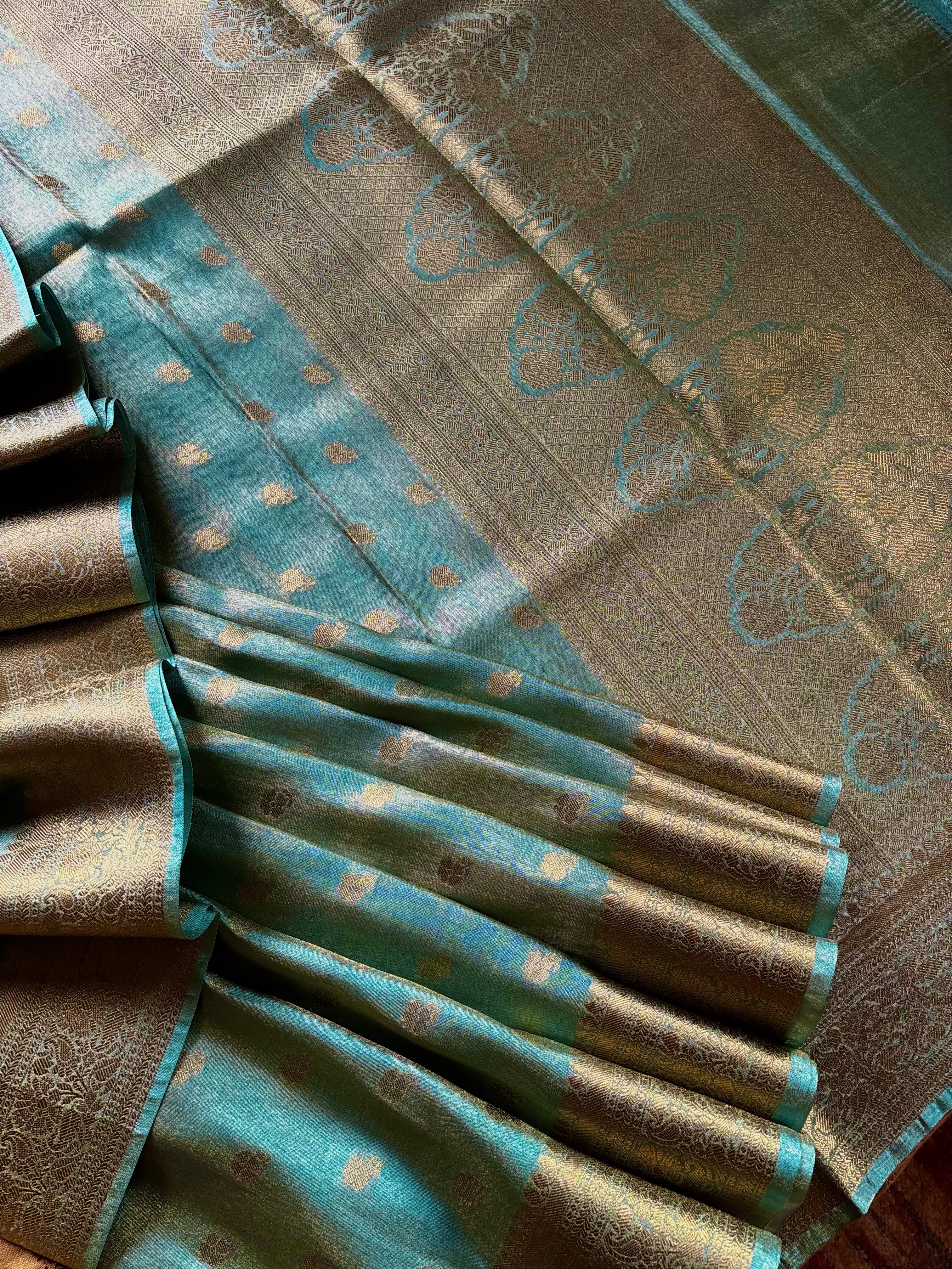 Golden Sky Blue Tissue Katan Copper Zari Benarasi Saree