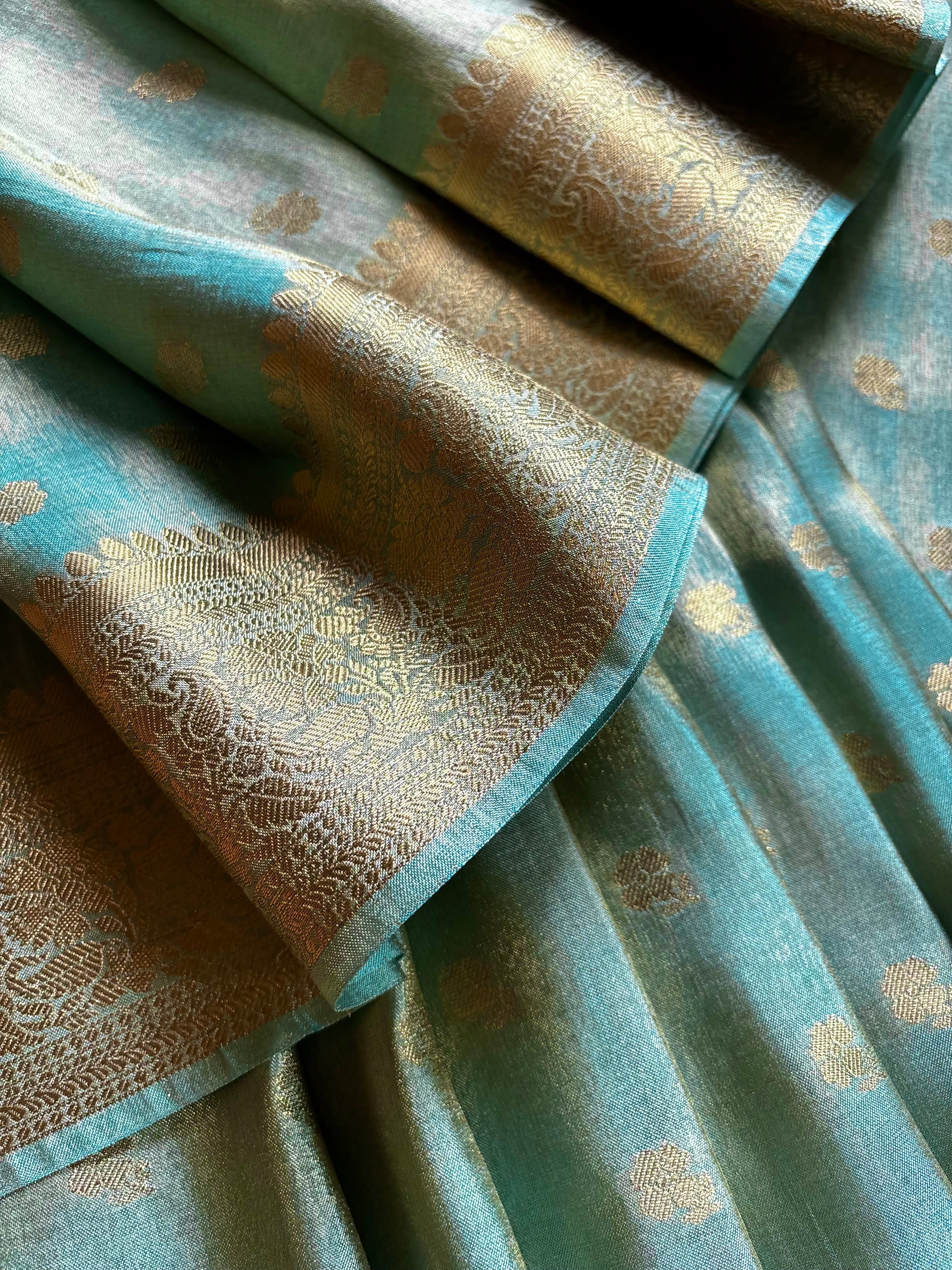 Golden Sky Blue Tissue Katan Copper Zari Benarasi Saree