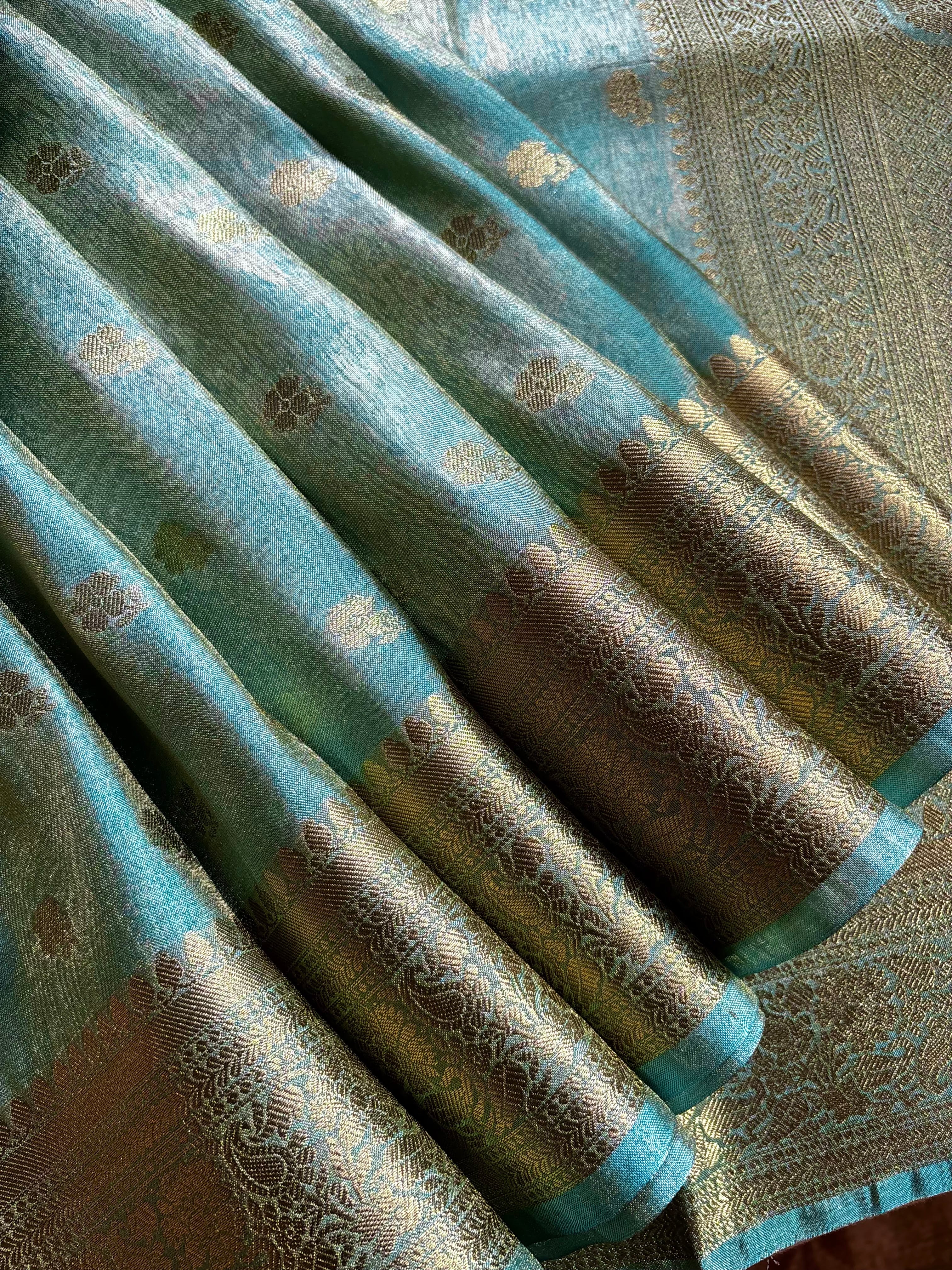 Golden Sky Blue Tissue Katan Copper Zari Benarasi Saree