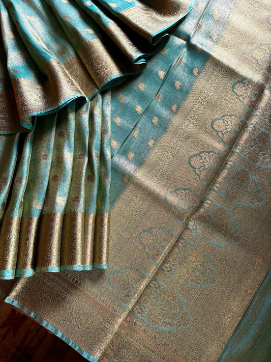Golden Sky Blue Tissue Katan Copper Zari Benarasi Saree