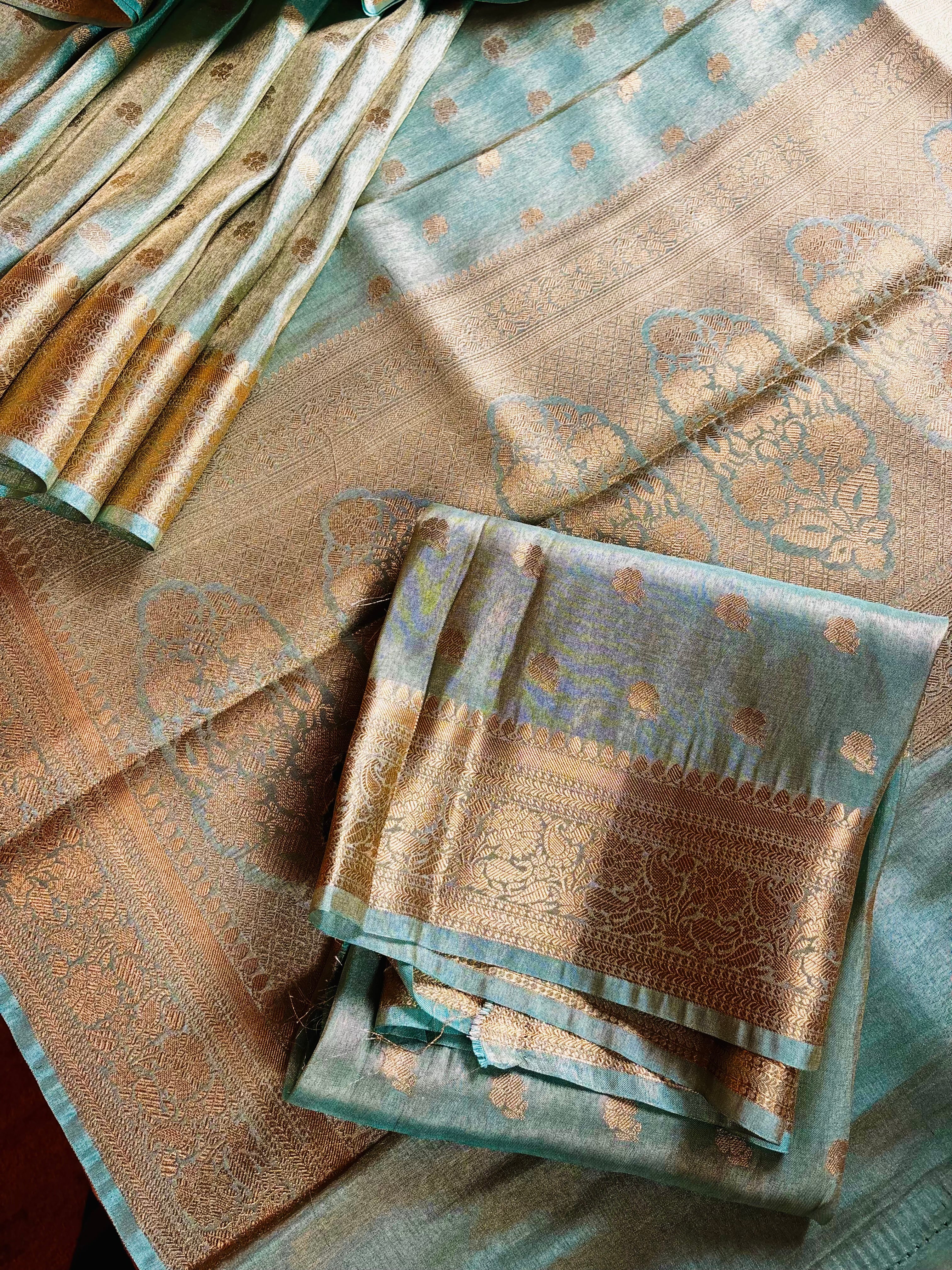 Golden Sky Blue Tissue Katan Copper Zari Benarasi Saree