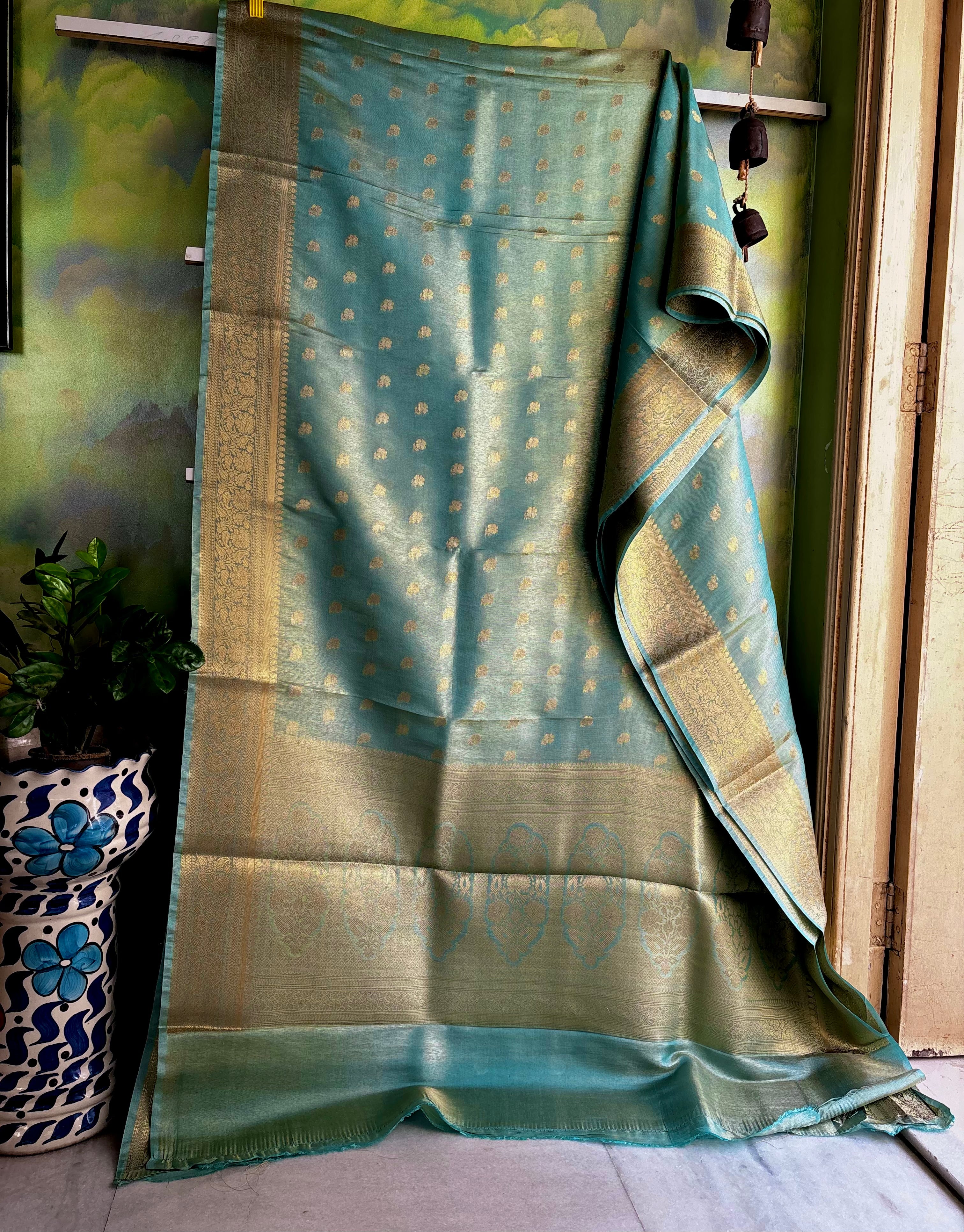 Golden Sky Blue Tissue Katan Copper Zari Benarasi Saree