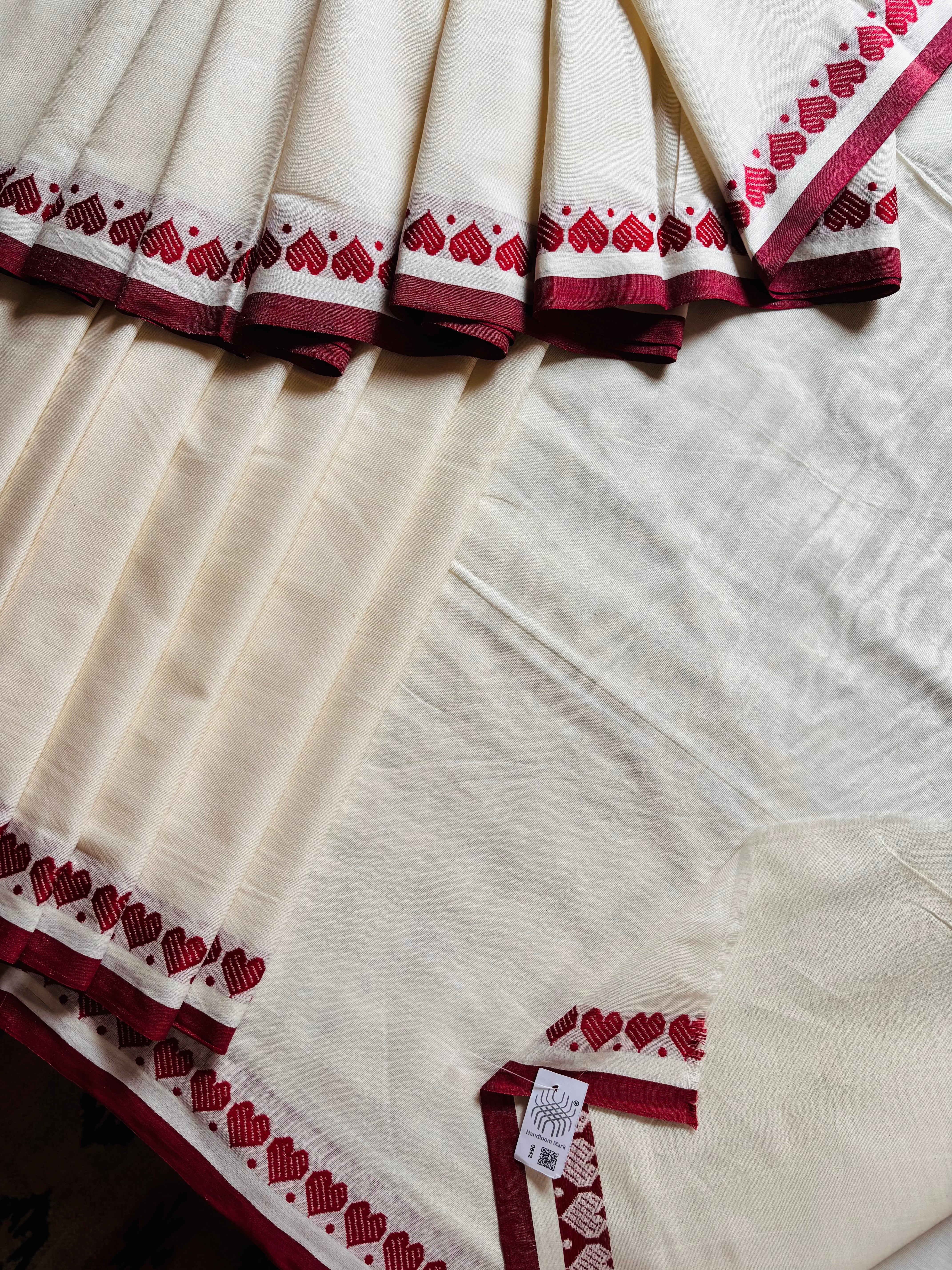 Handwoven Cream Maroon Begampuri Cotton Saree