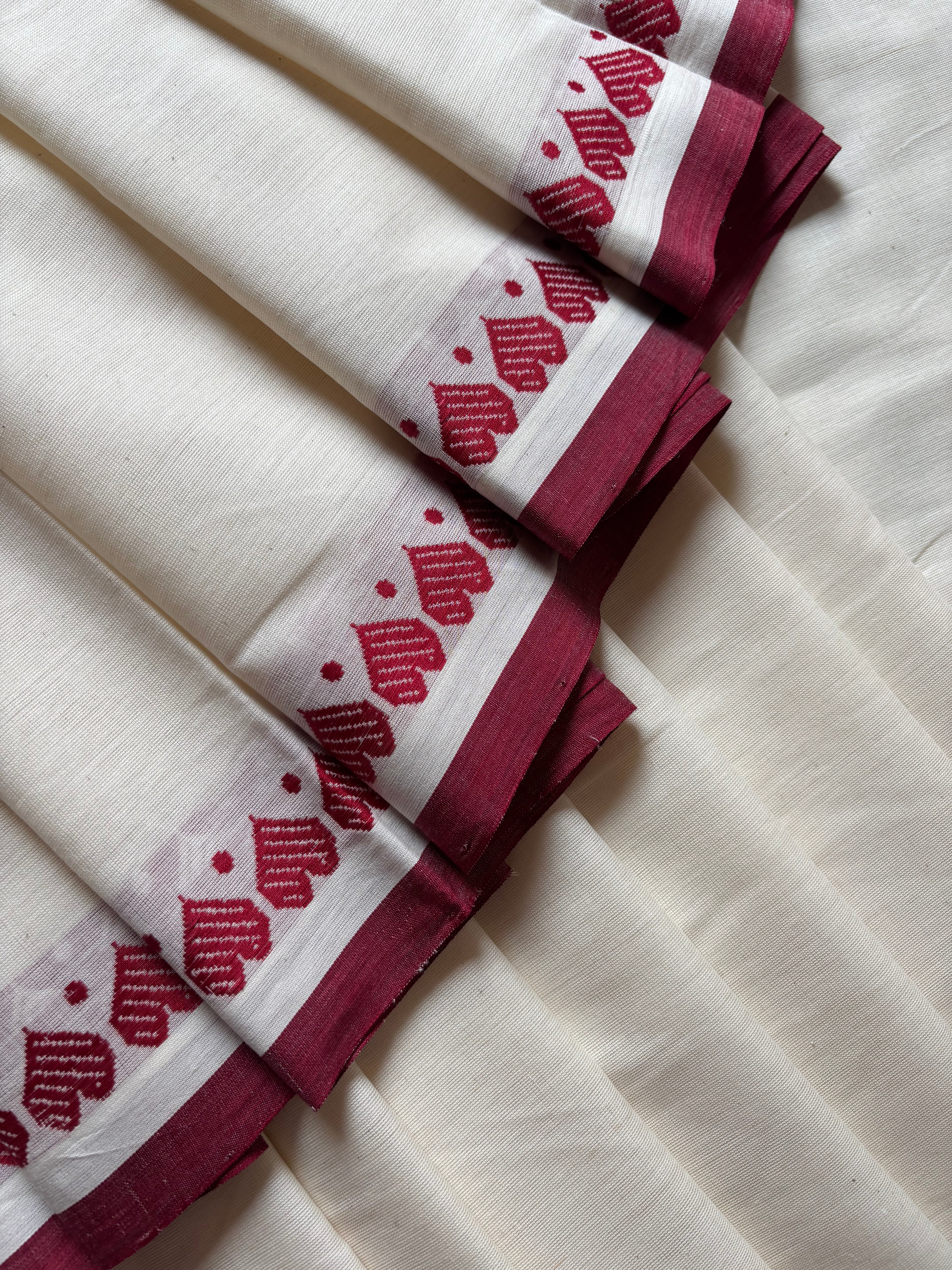 Handwoven Cream Maroon Begampuri Cotton Saree