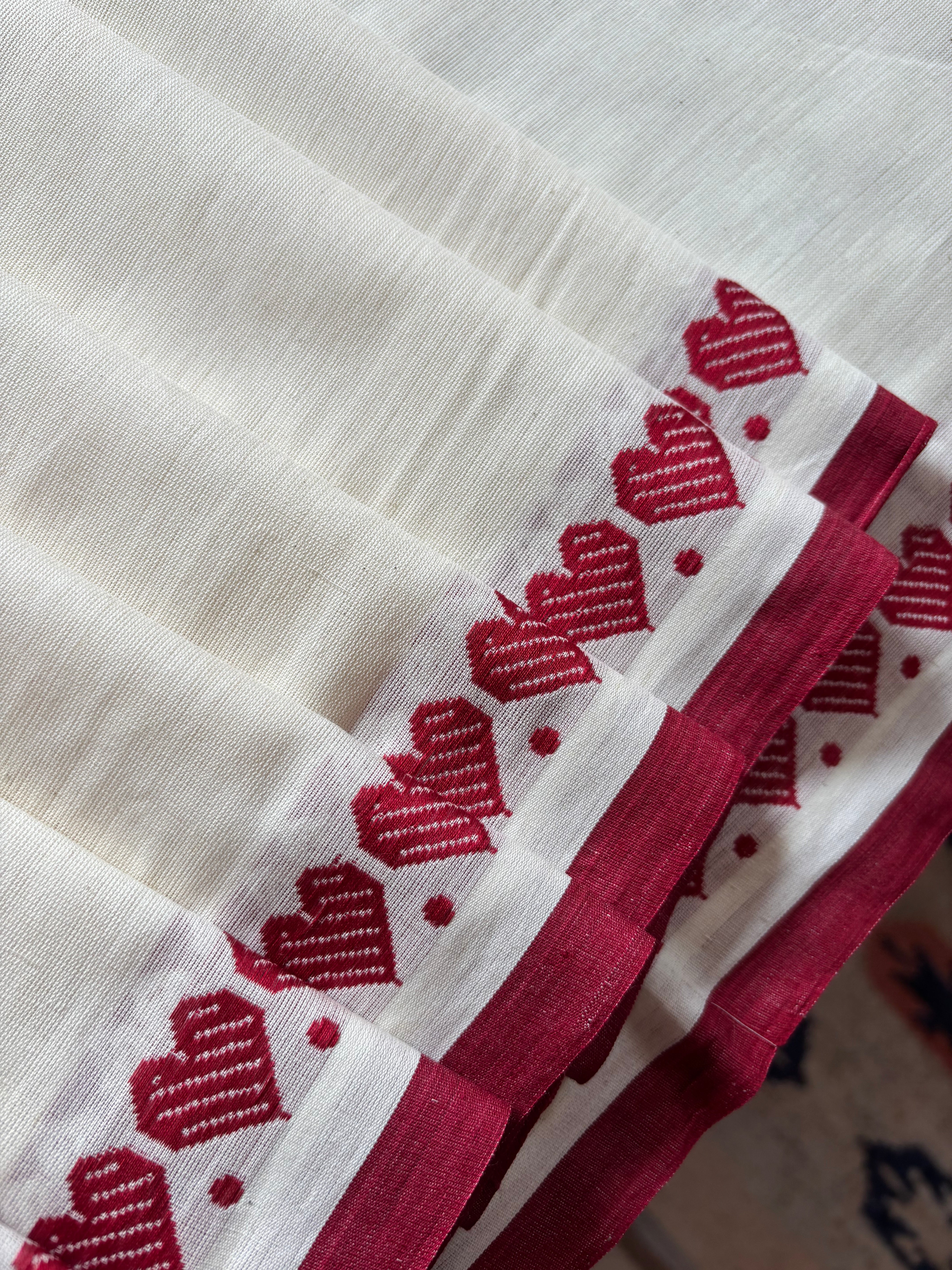 Handwoven Cream Maroon Begampuri Cotton Saree