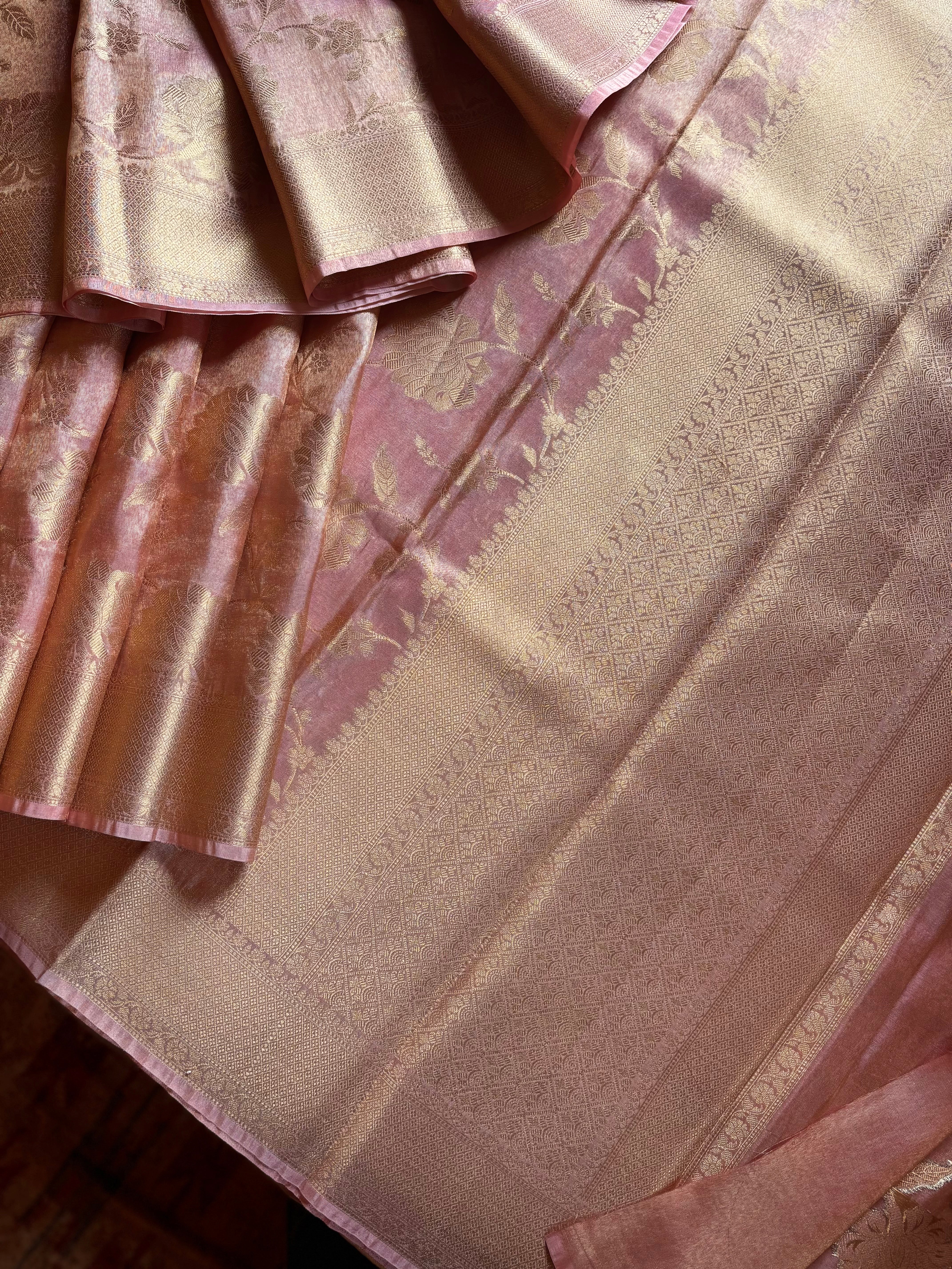 Golden Pink Colour Tissue Katan Saree