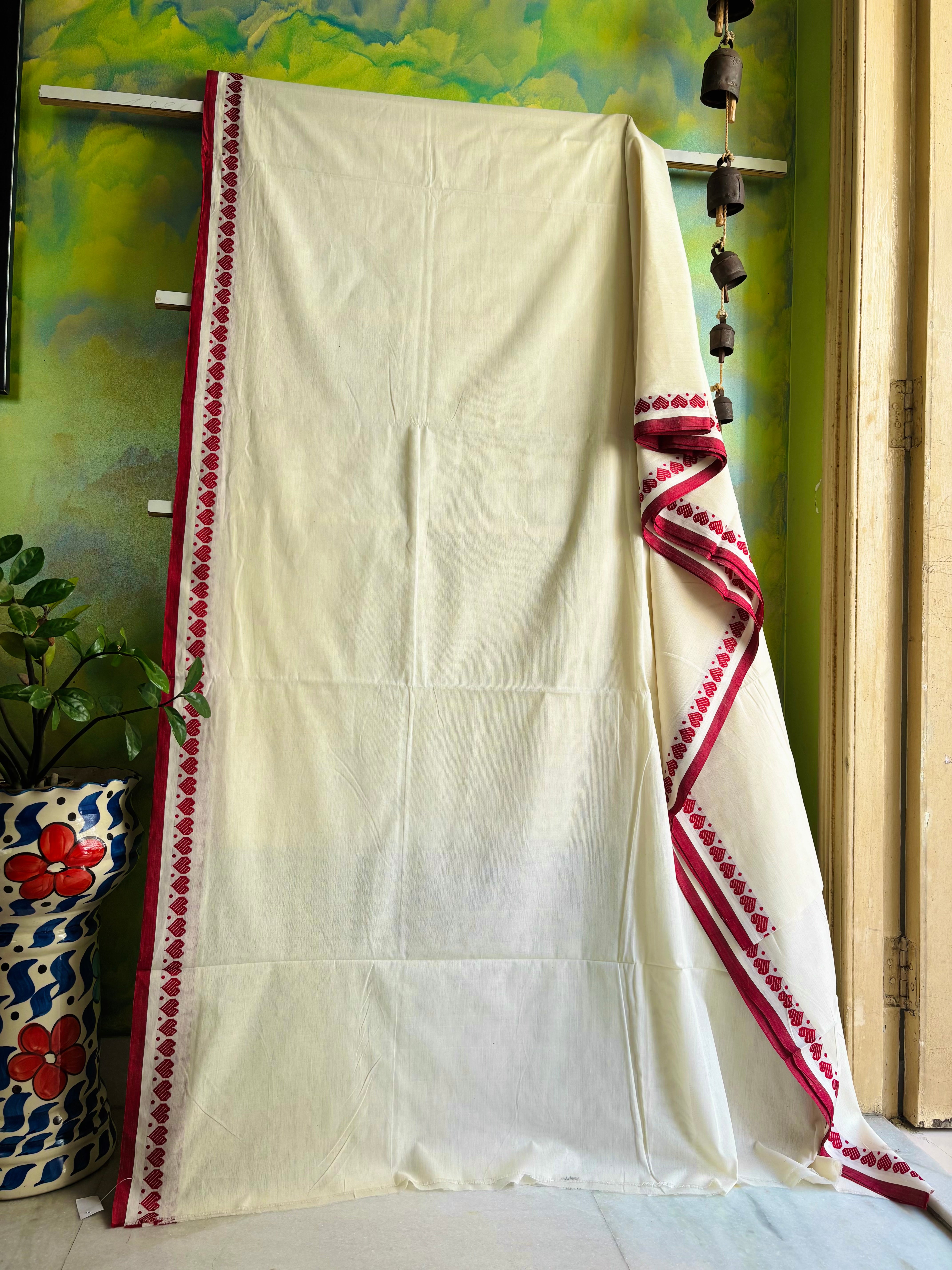 Handwoven Cream Maroon Begampuri Cotton Saree