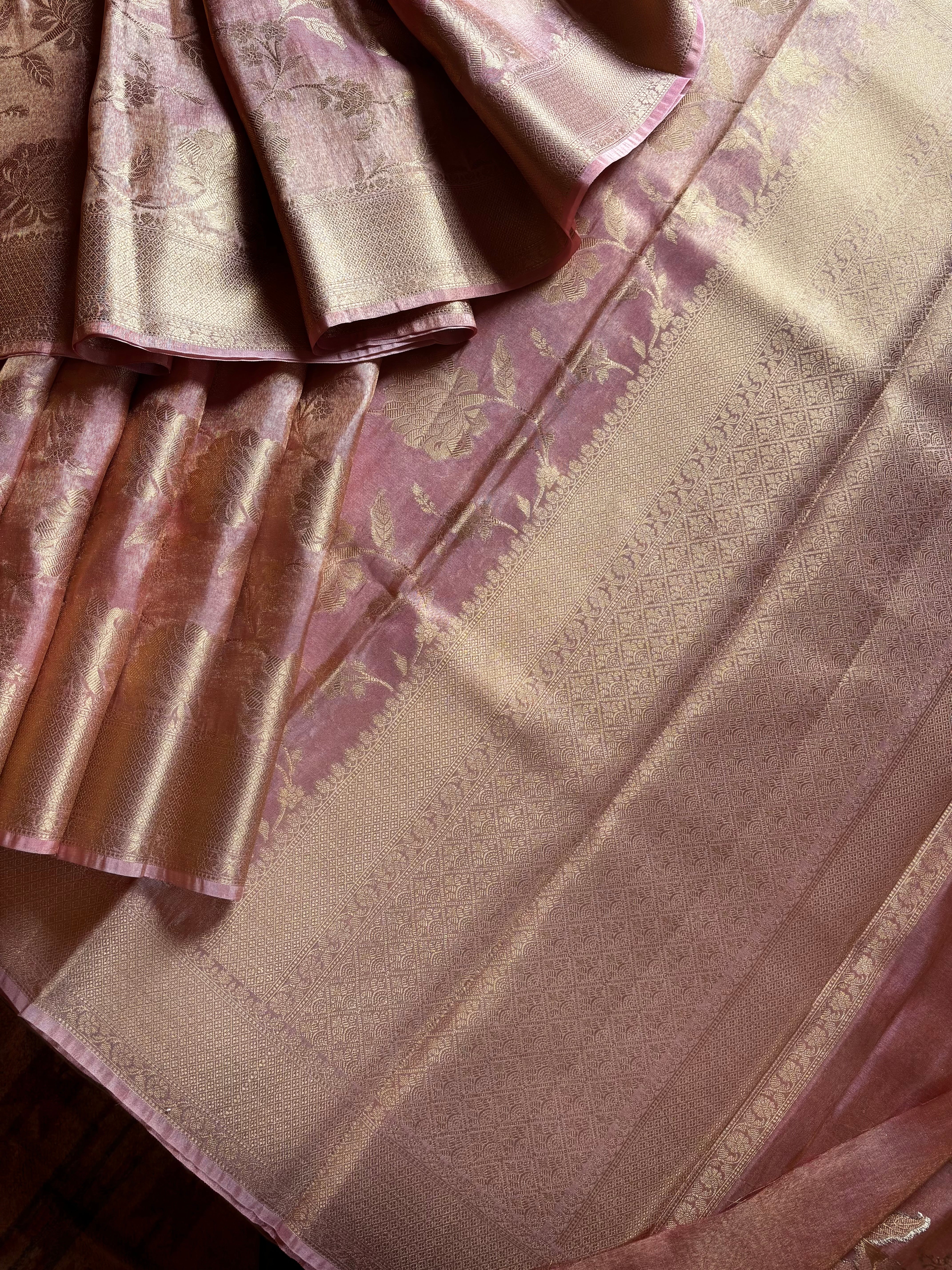 Golden Pink Colour Tissue Katan Saree