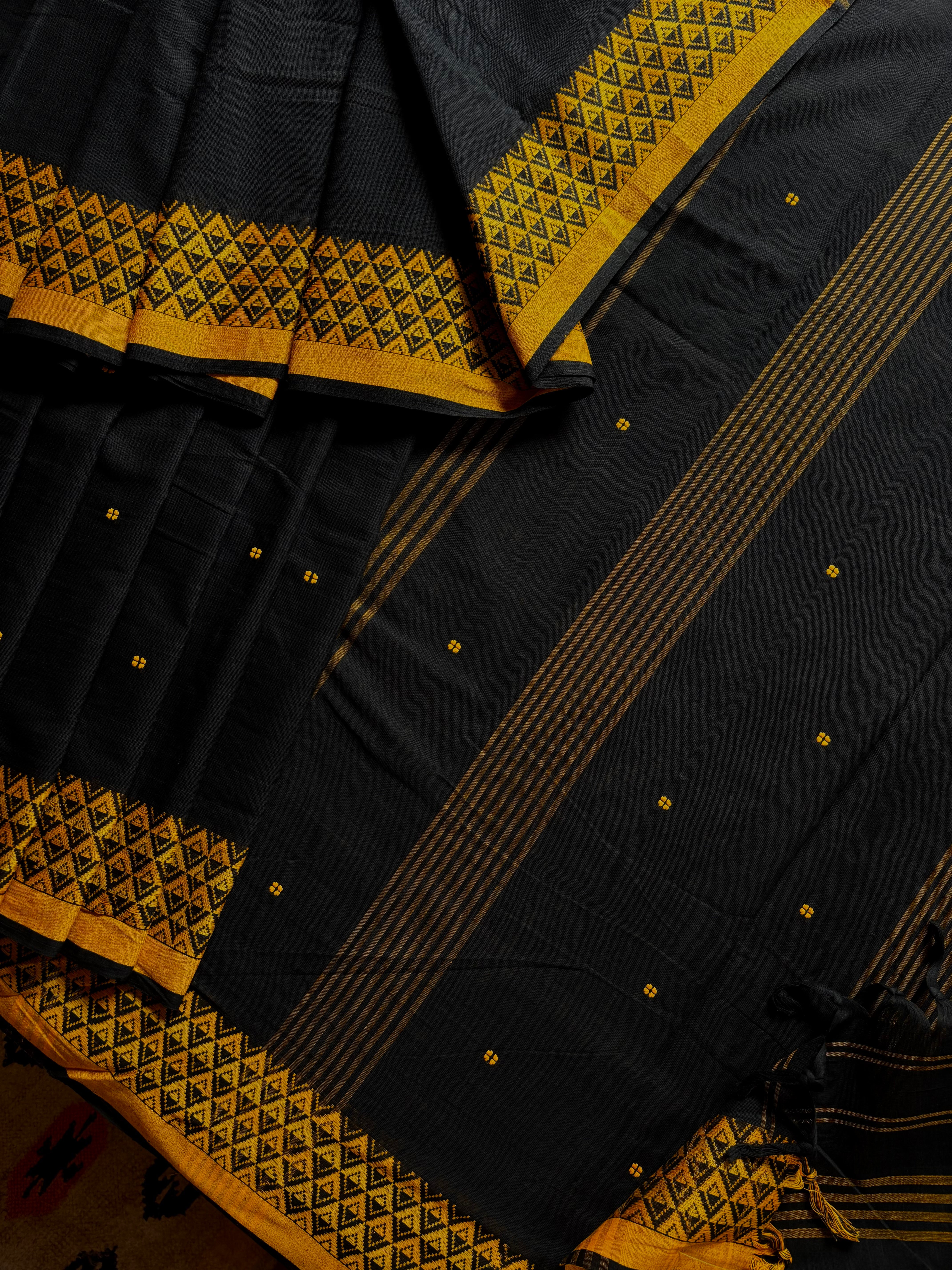 Handwoven Black Yellow Begampuri Cotton Saree