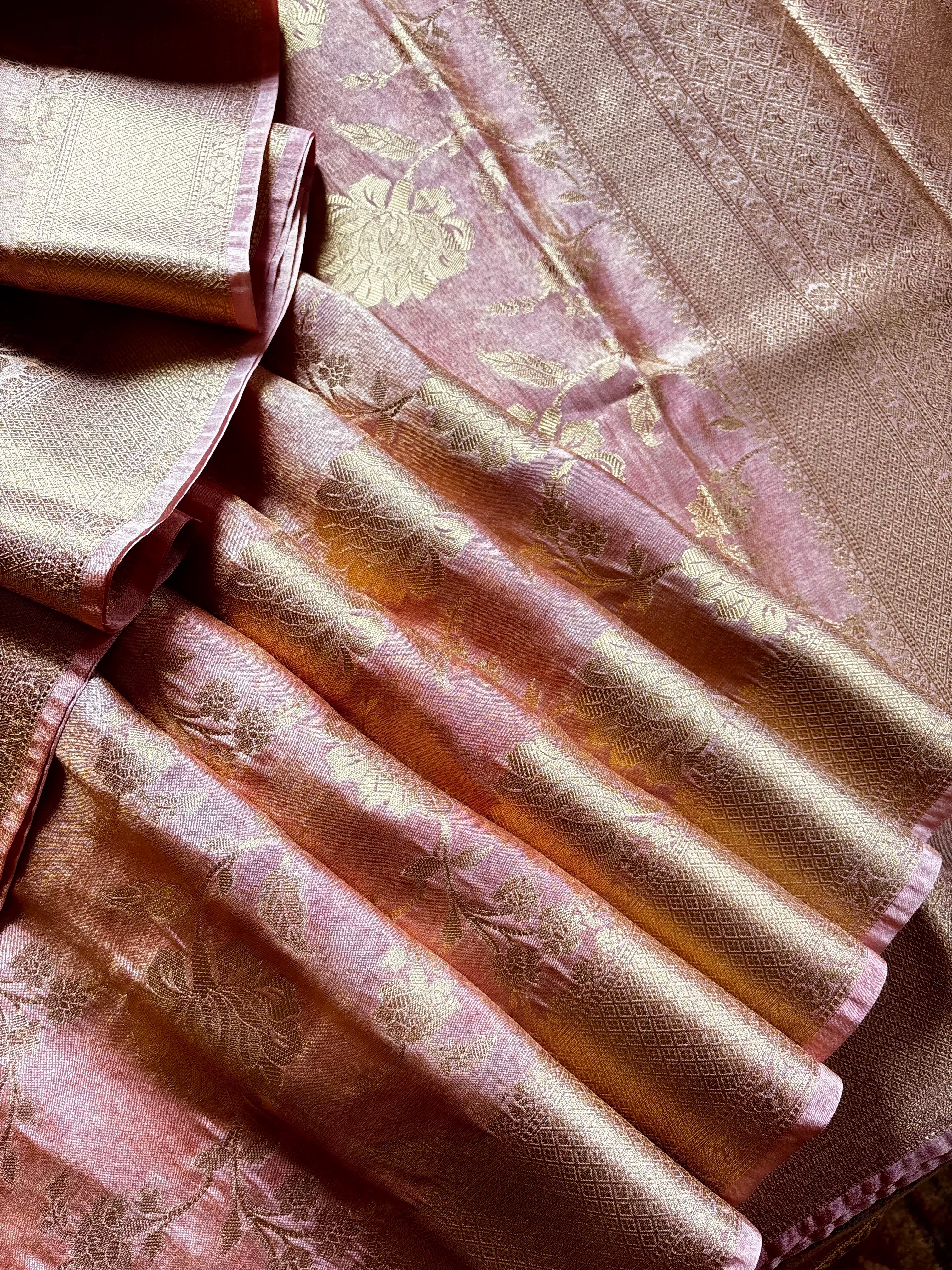 Golden Pink Colour Tissue Katan Saree