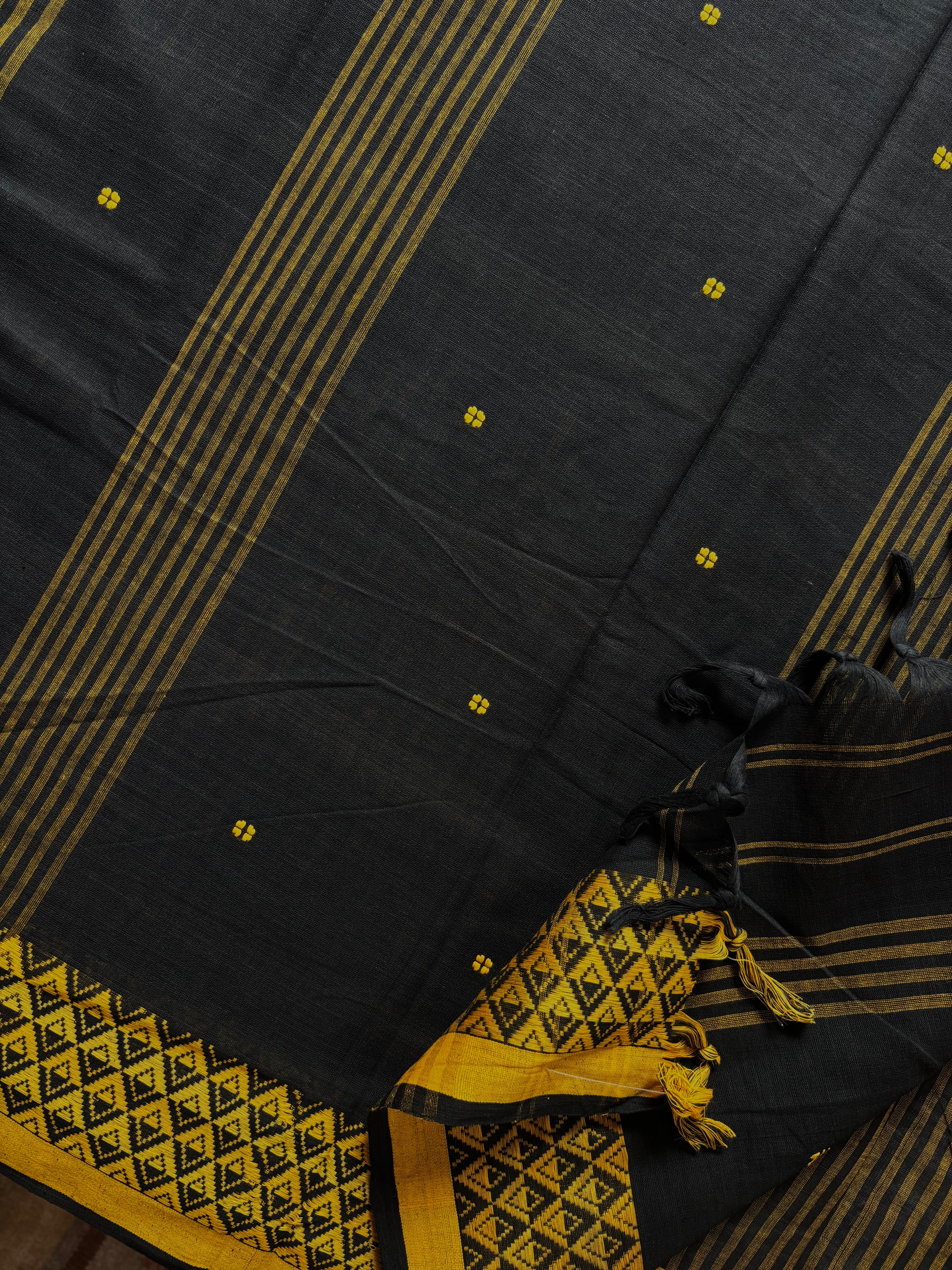 Handwoven Black Yellow Begampuri Cotton Saree