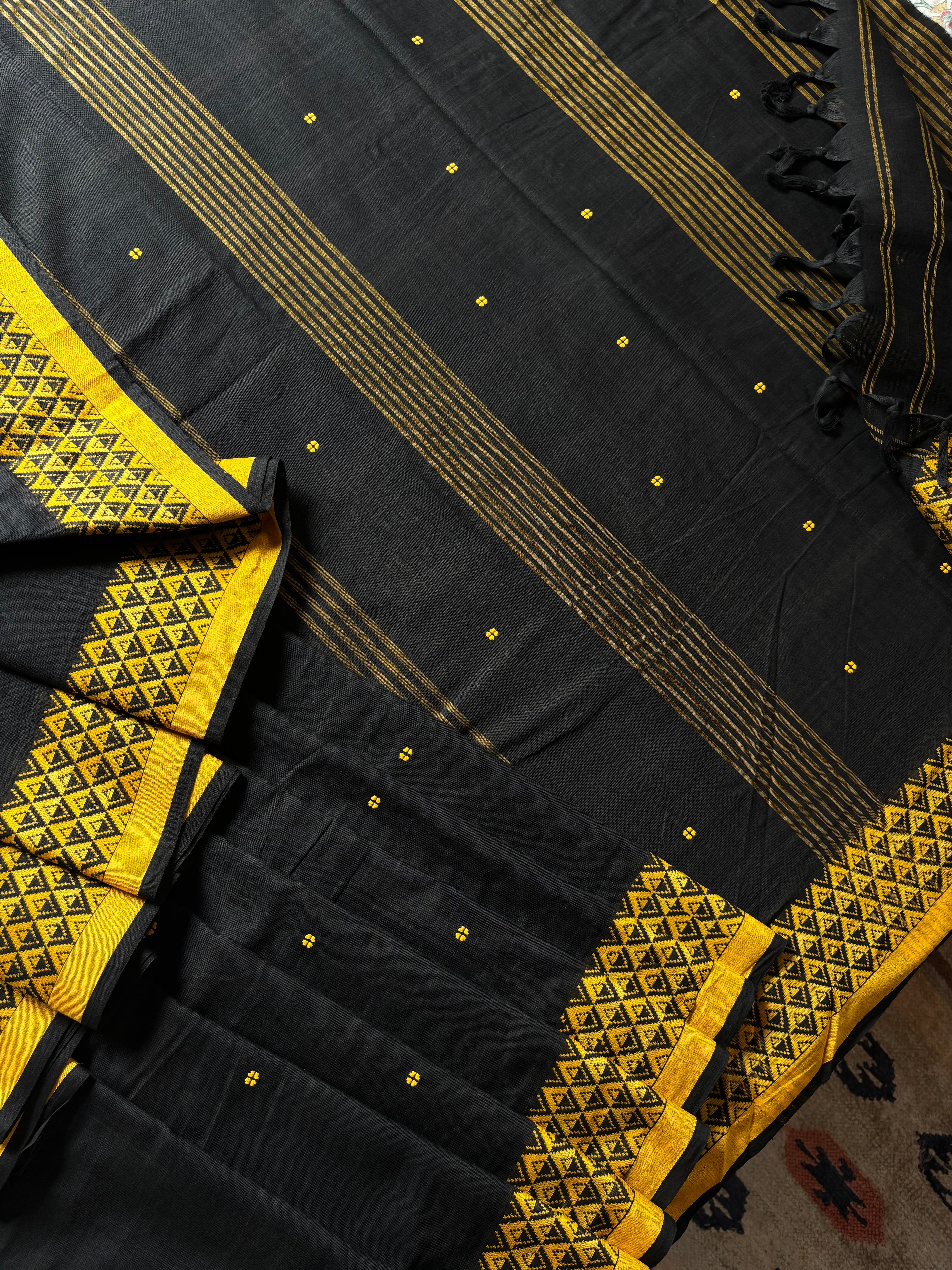 Handwoven Black Yellow Begampuri Cotton Saree