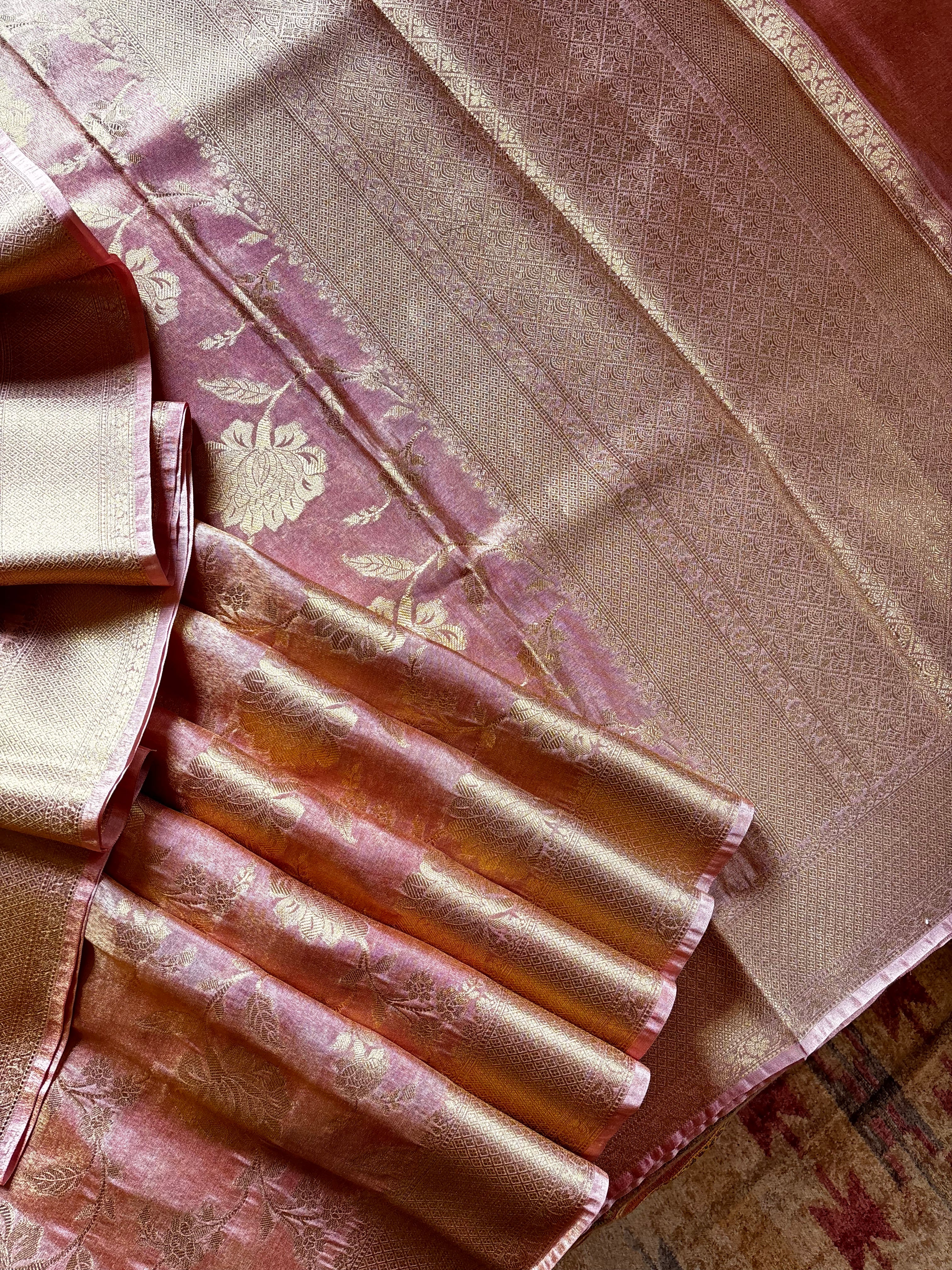 Golden Pink Colour Tissue Katan Saree