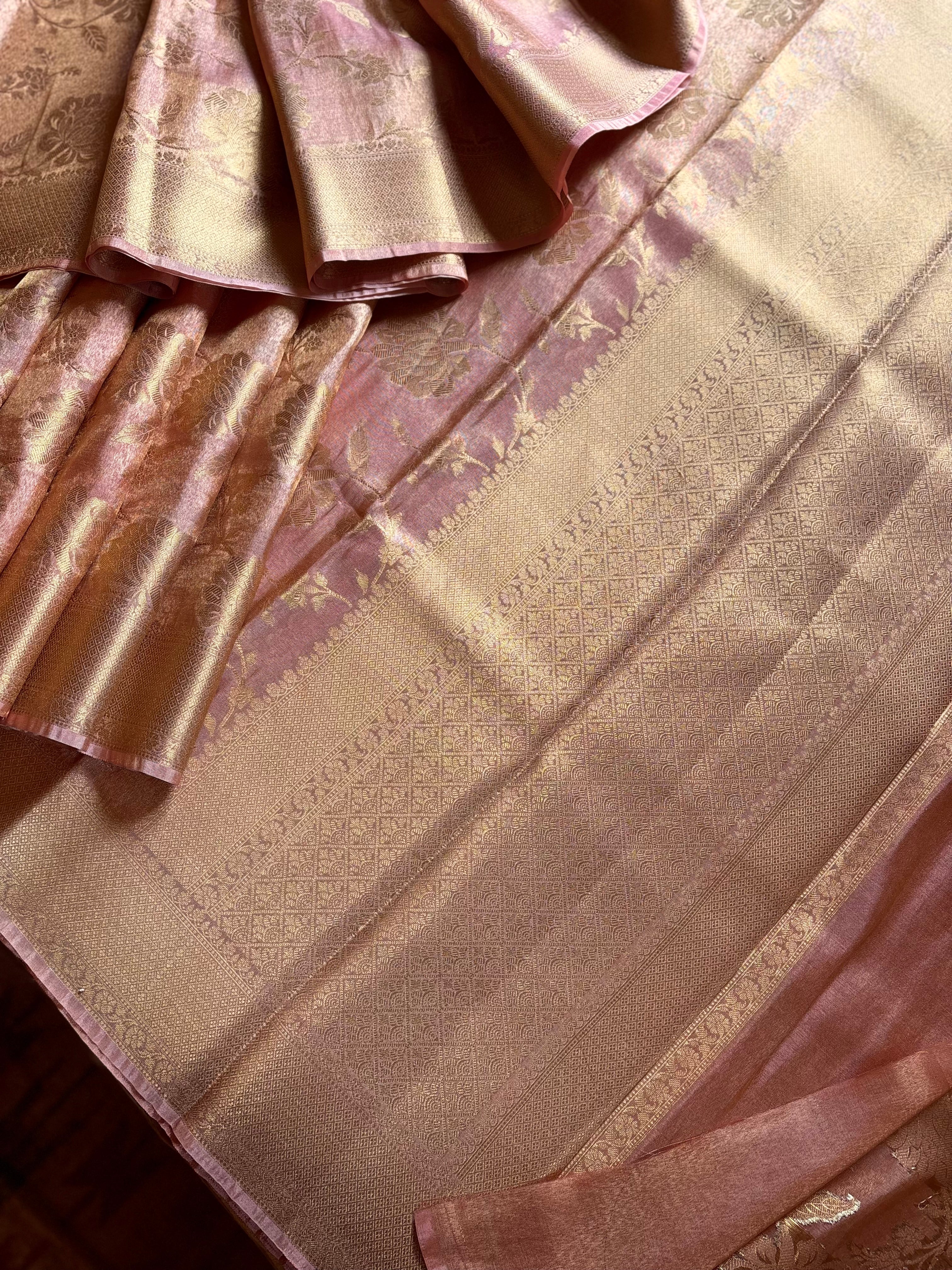 Golden Pink Colour Tissue Katan Saree