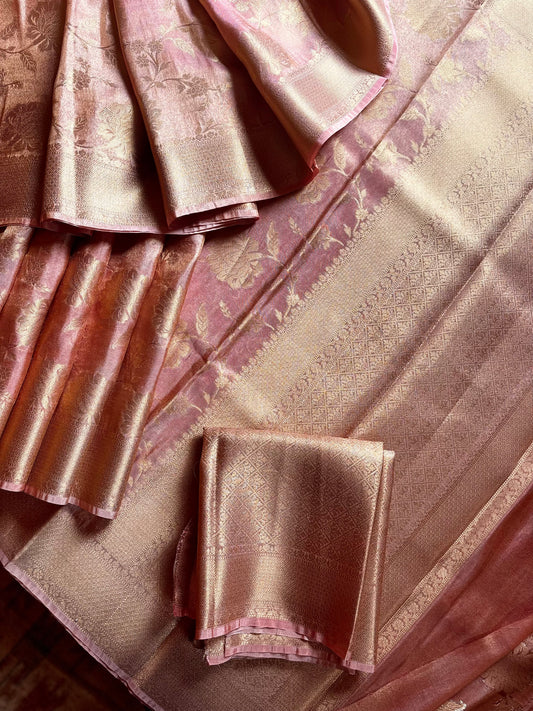Golden Pink Colour Tissue Katan Saree