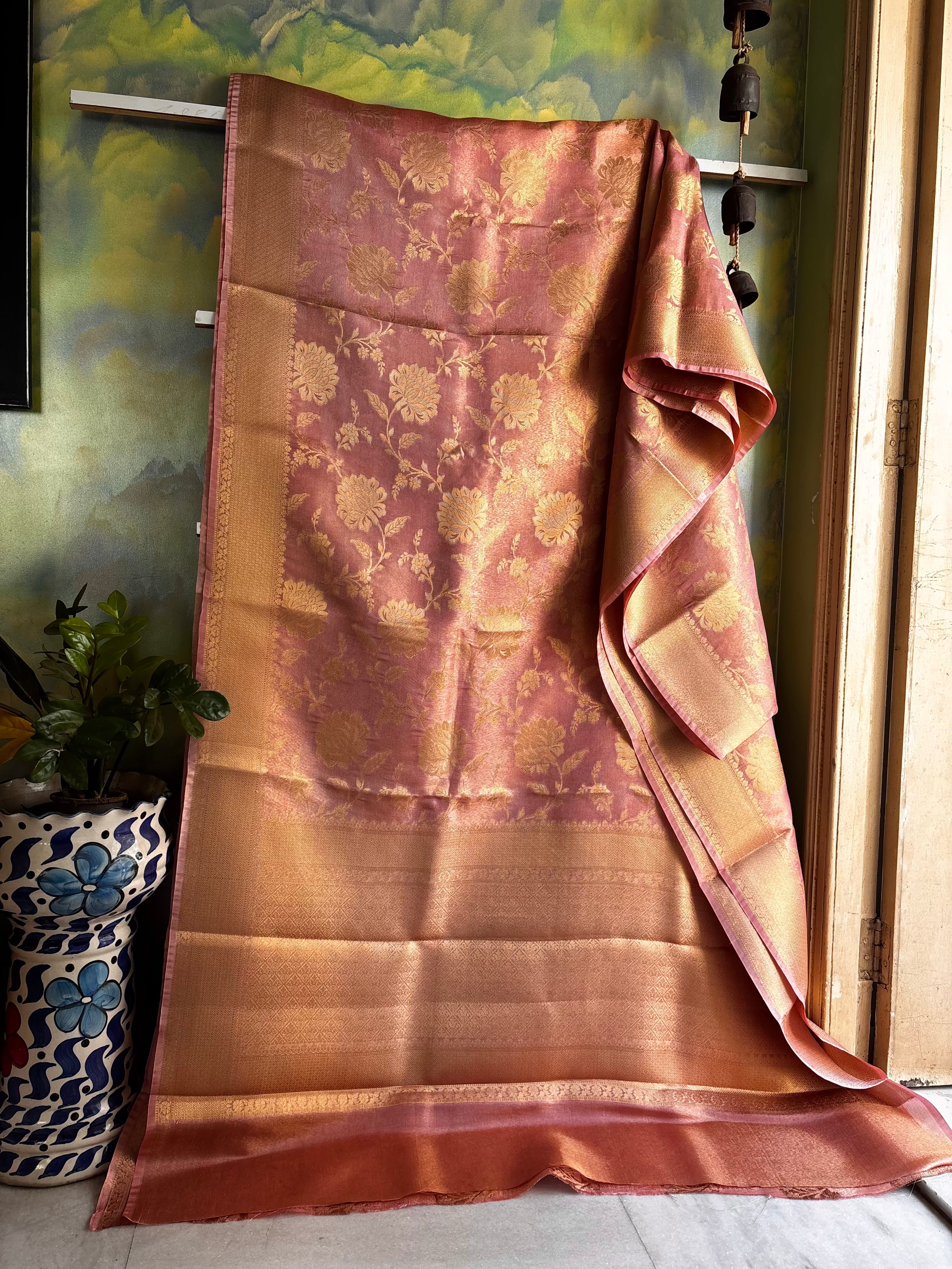 Golden Pink Colour Tissue Katan Saree
