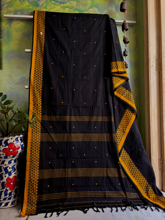 Handwoven Black Yellow Begampuri Cotton Saree