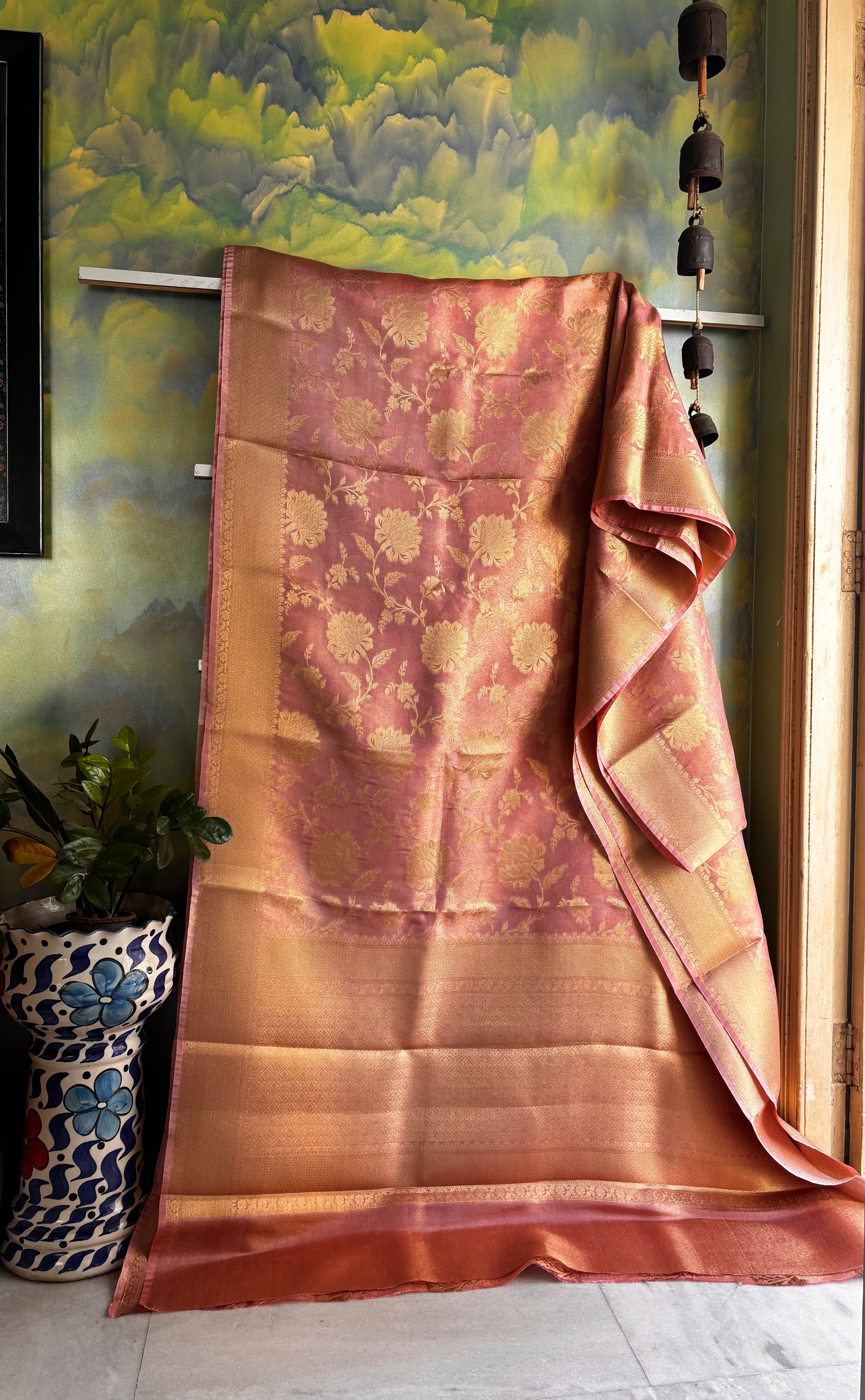 Golden Pink Colour Tissue Katan Saree