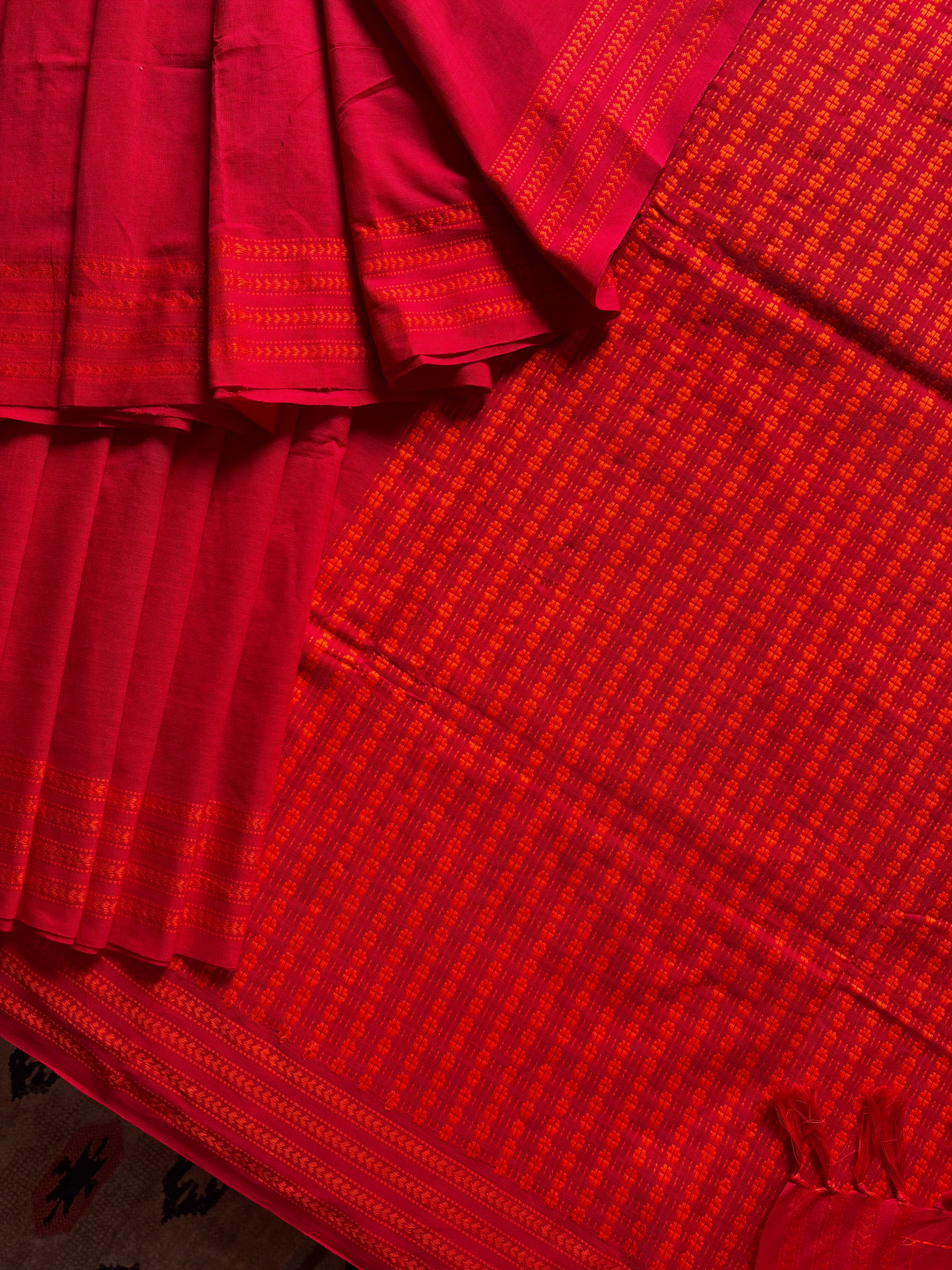 Handwoven Red Orange Begampuri Cotton Saree