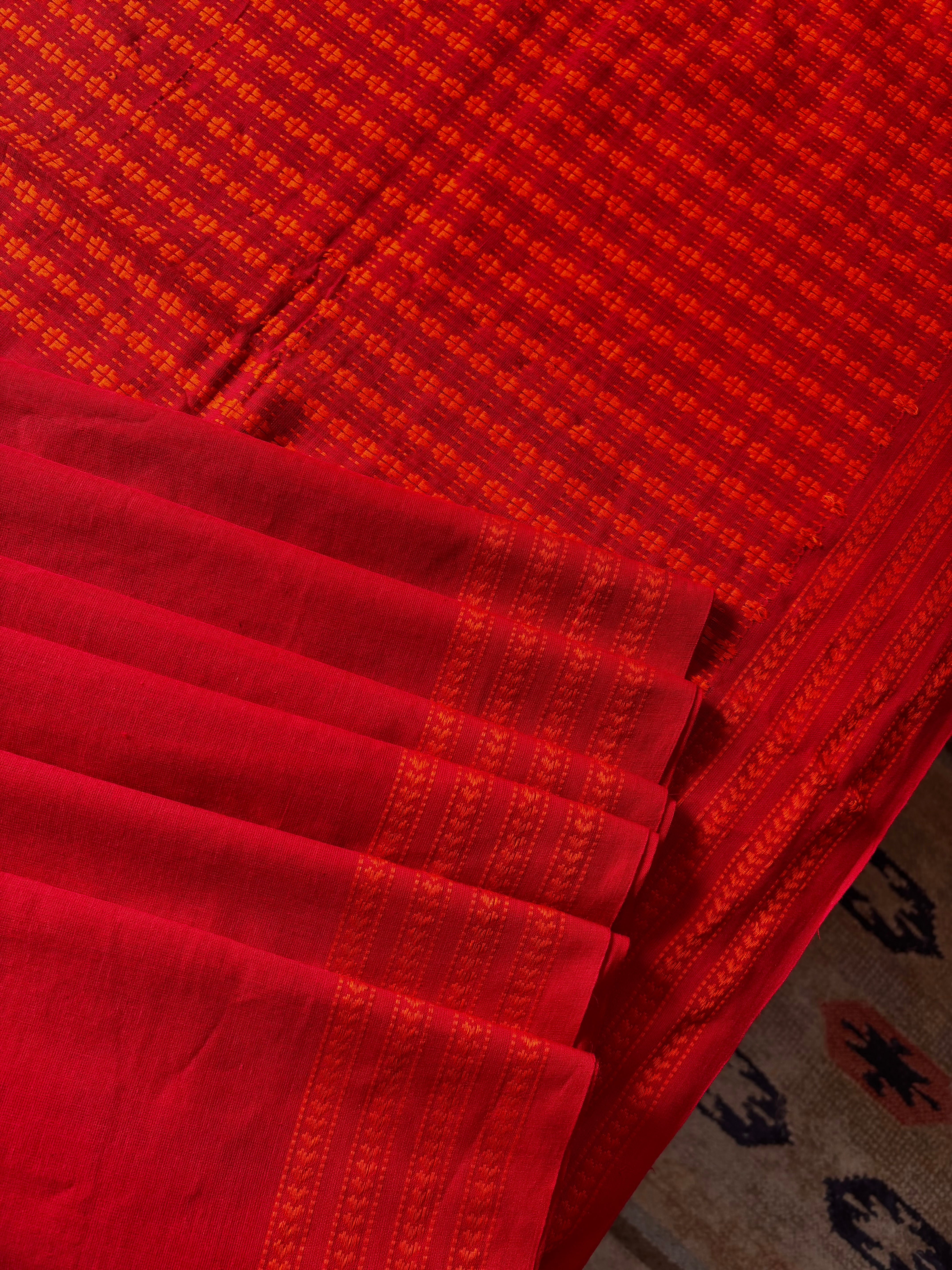 Handwoven Red Orange Begampuri Cotton Saree