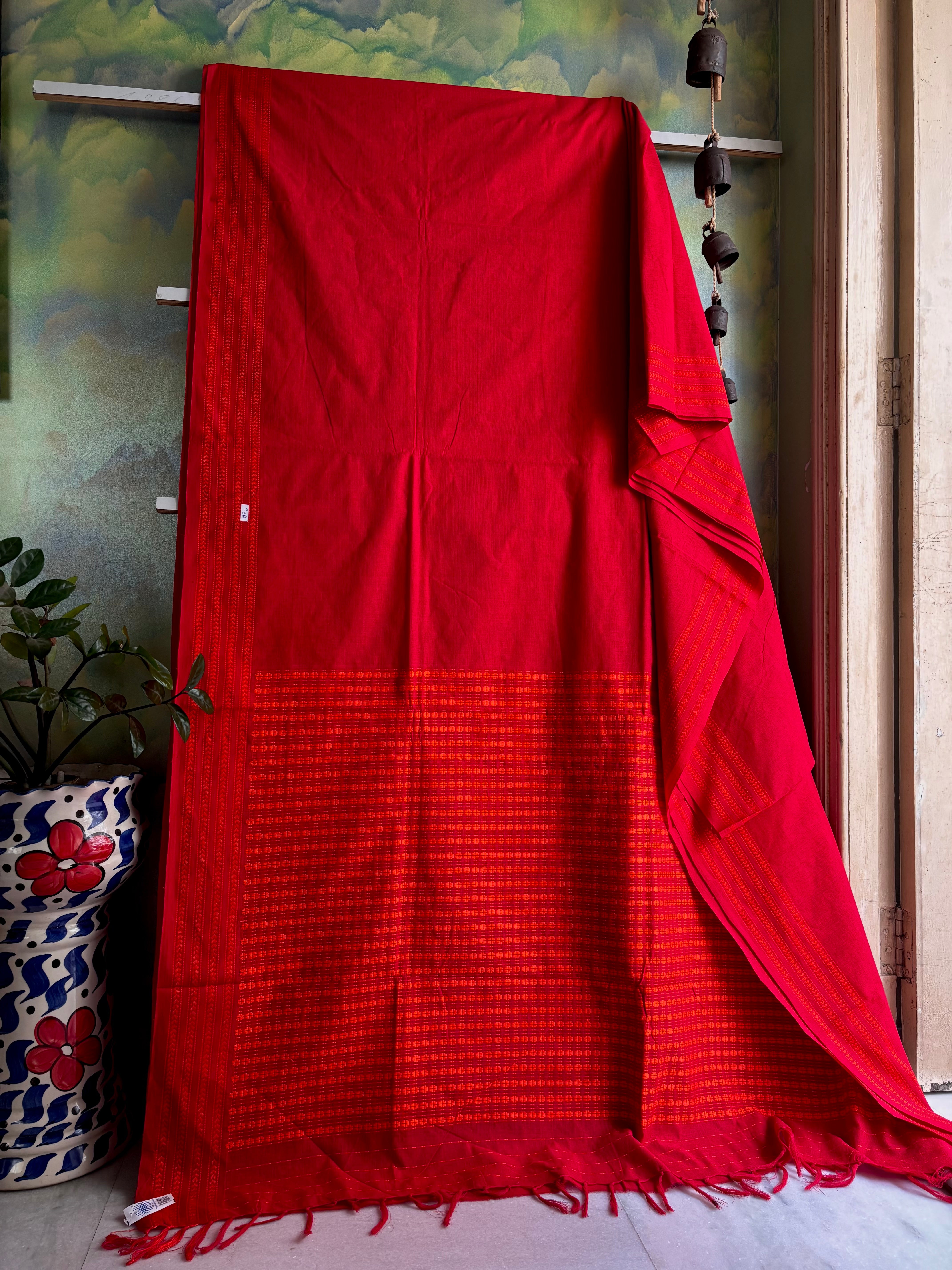 Handwoven Red Orange Begampuri Cotton Saree