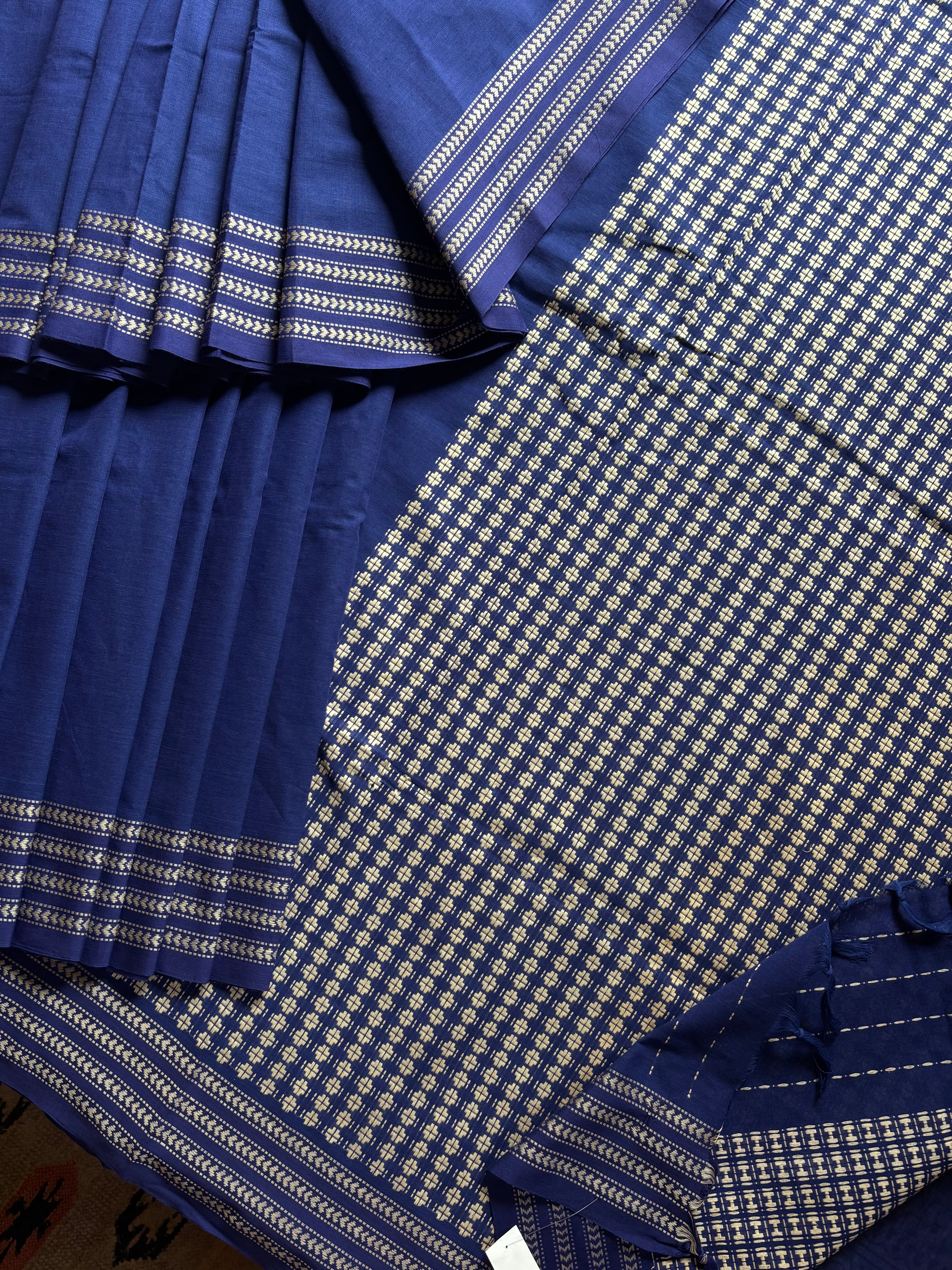 Handwoven Blue White Begampuri Cotton Saree