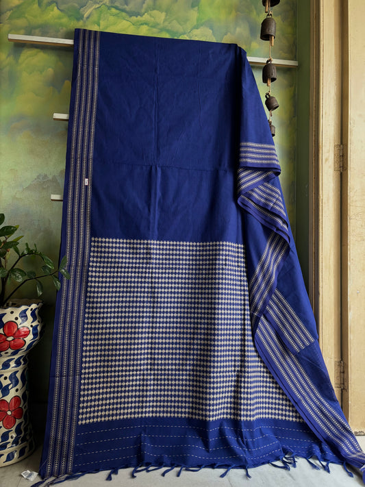 Handwoven Blue White Begampuri Cotton Saree