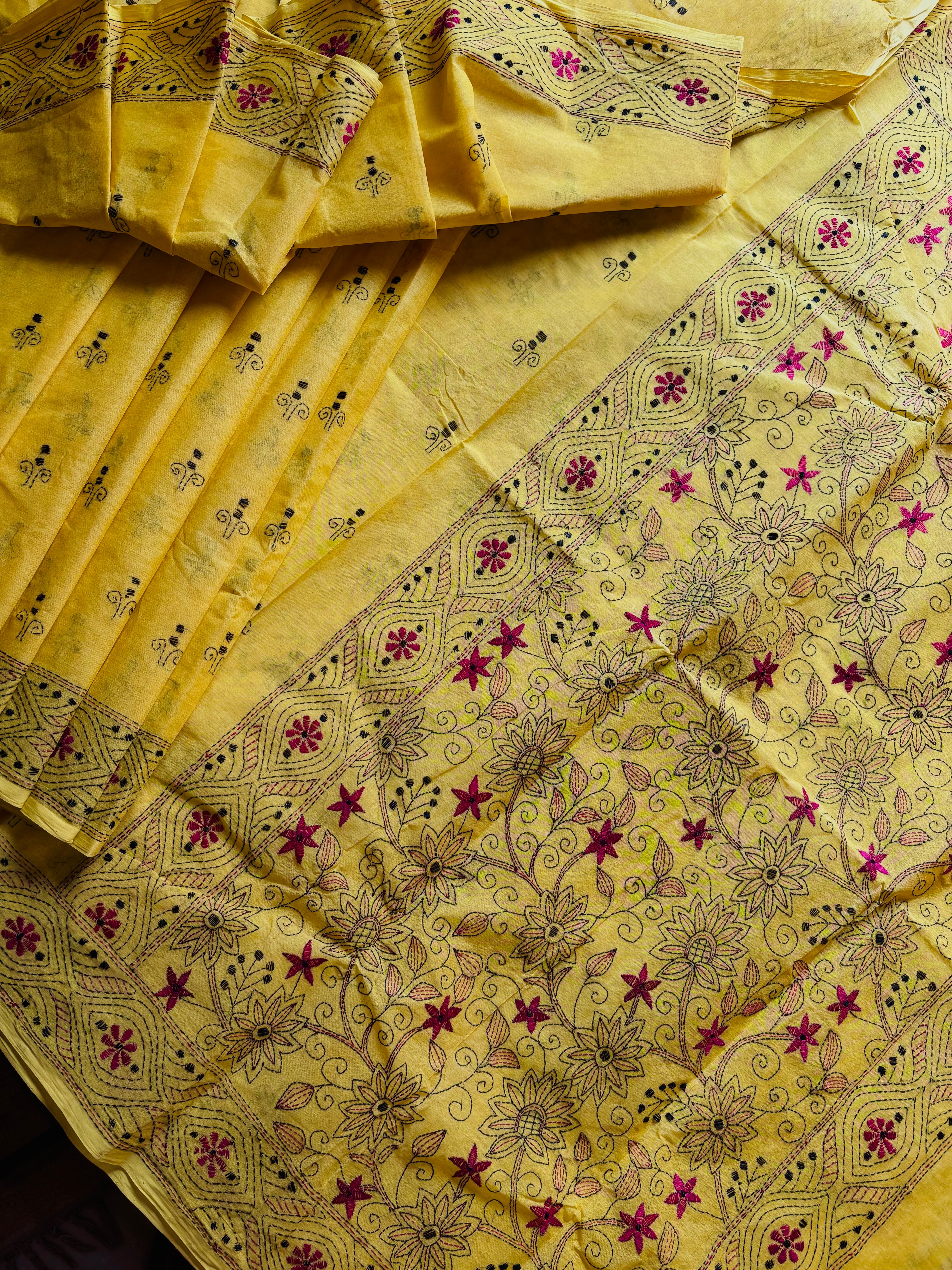 Handmade Yellow Colour Cotton Kantha Saree