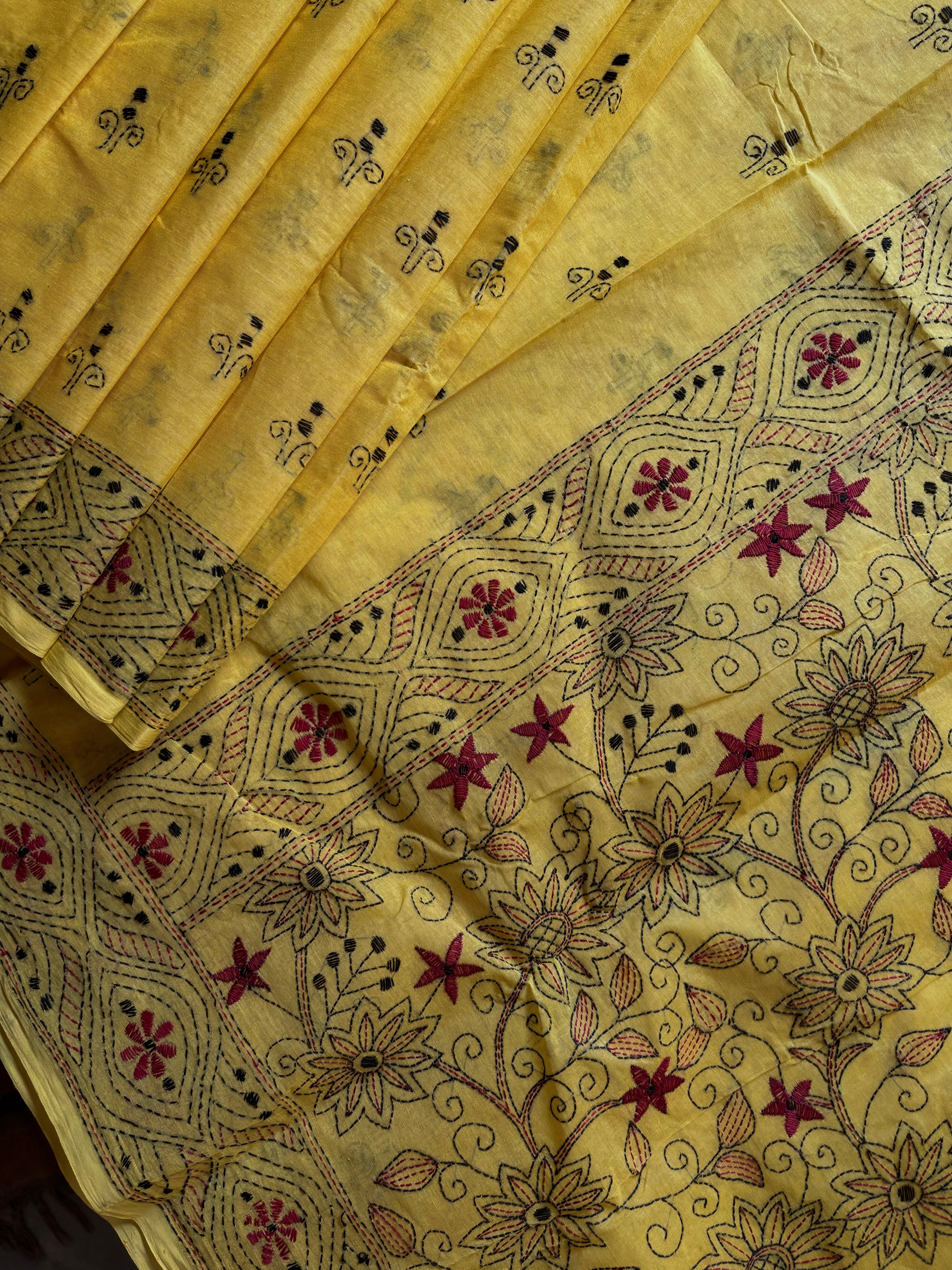 Handmade Yellow Colour Cotton Kantha Saree