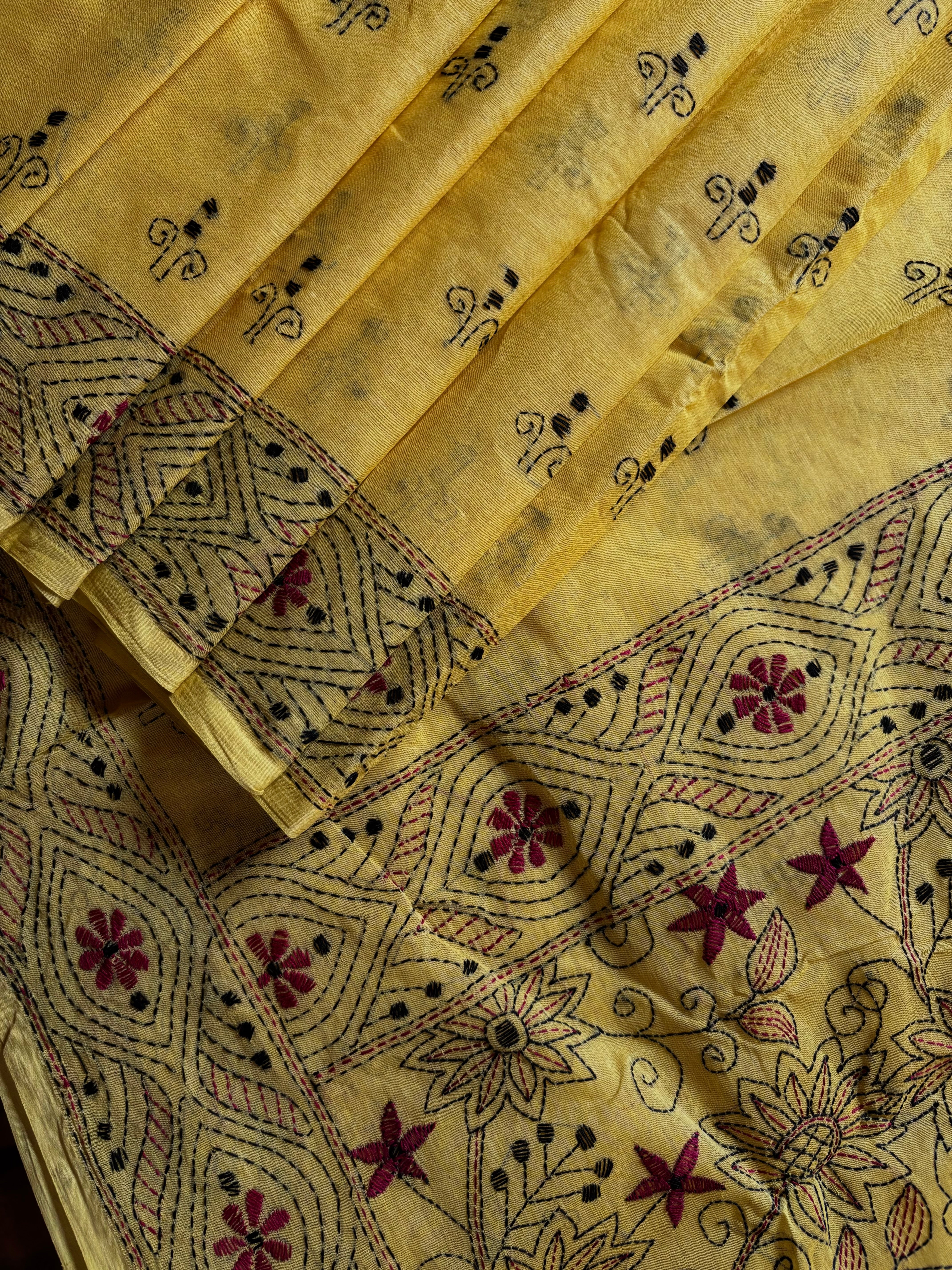 Handmade Yellow Colour Cotton Kantha Saree