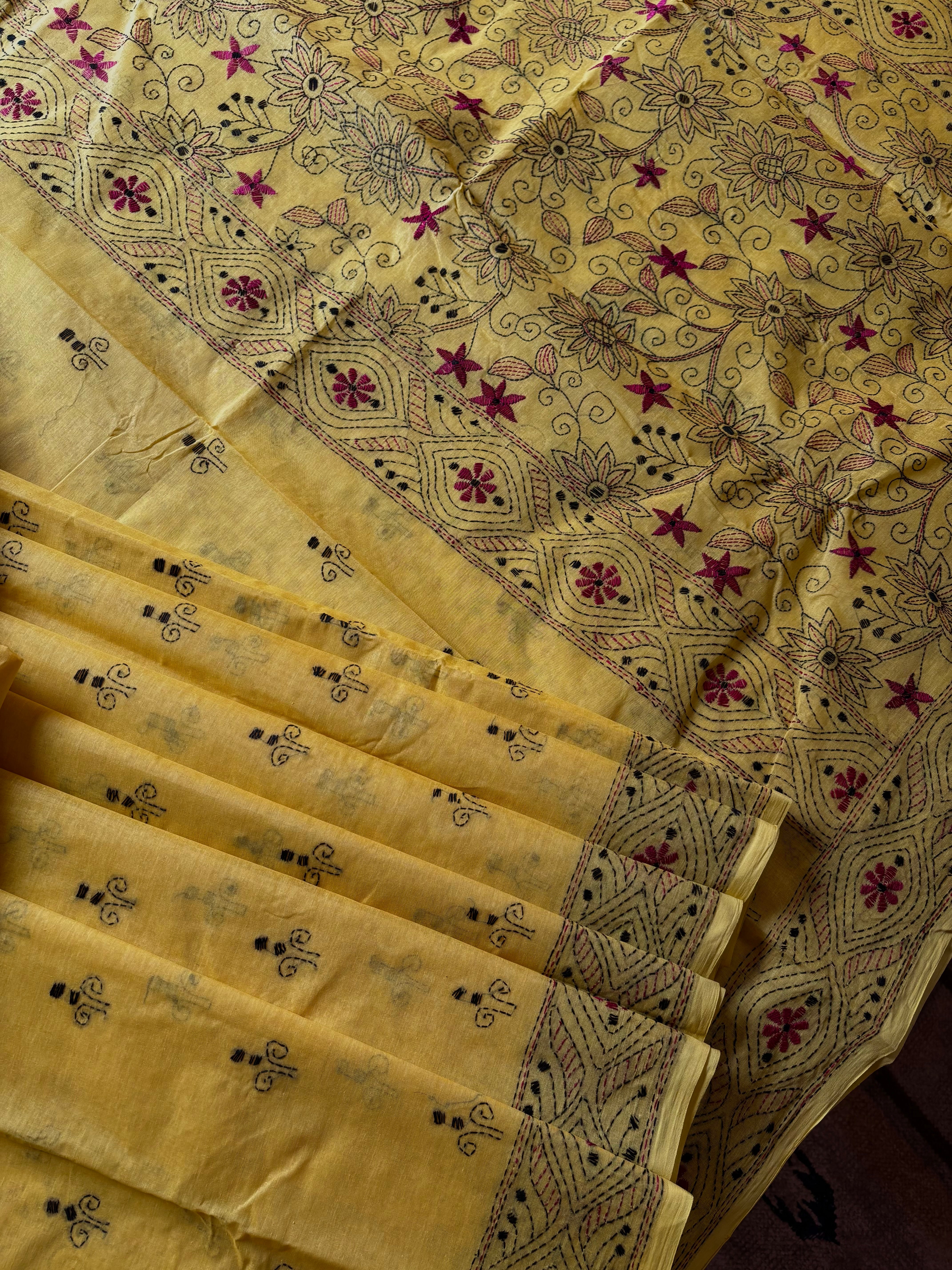 Handmade Yellow Colour Cotton Kantha Saree