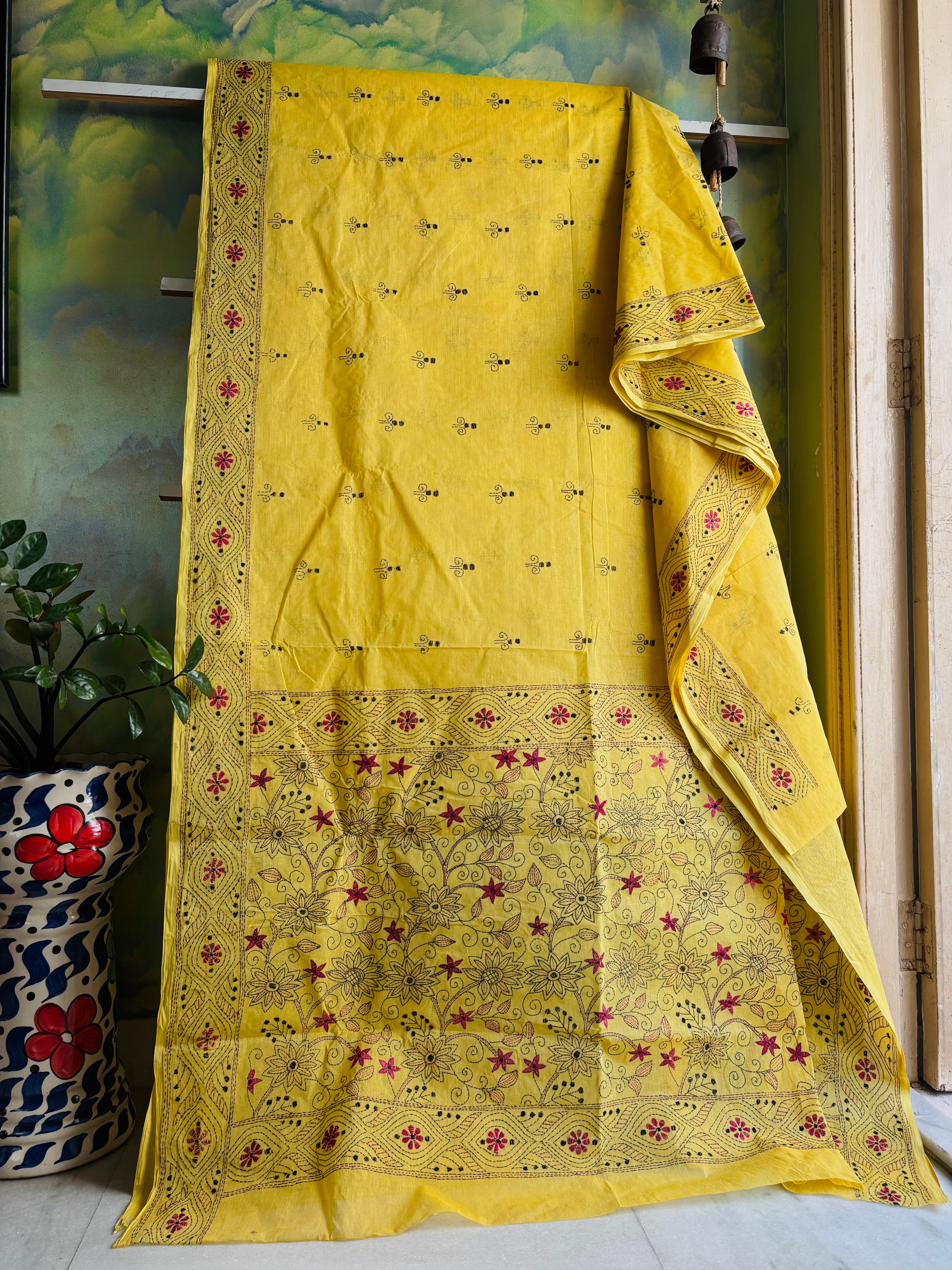 Handmade Yellow Colour Cotton Kantha Saree