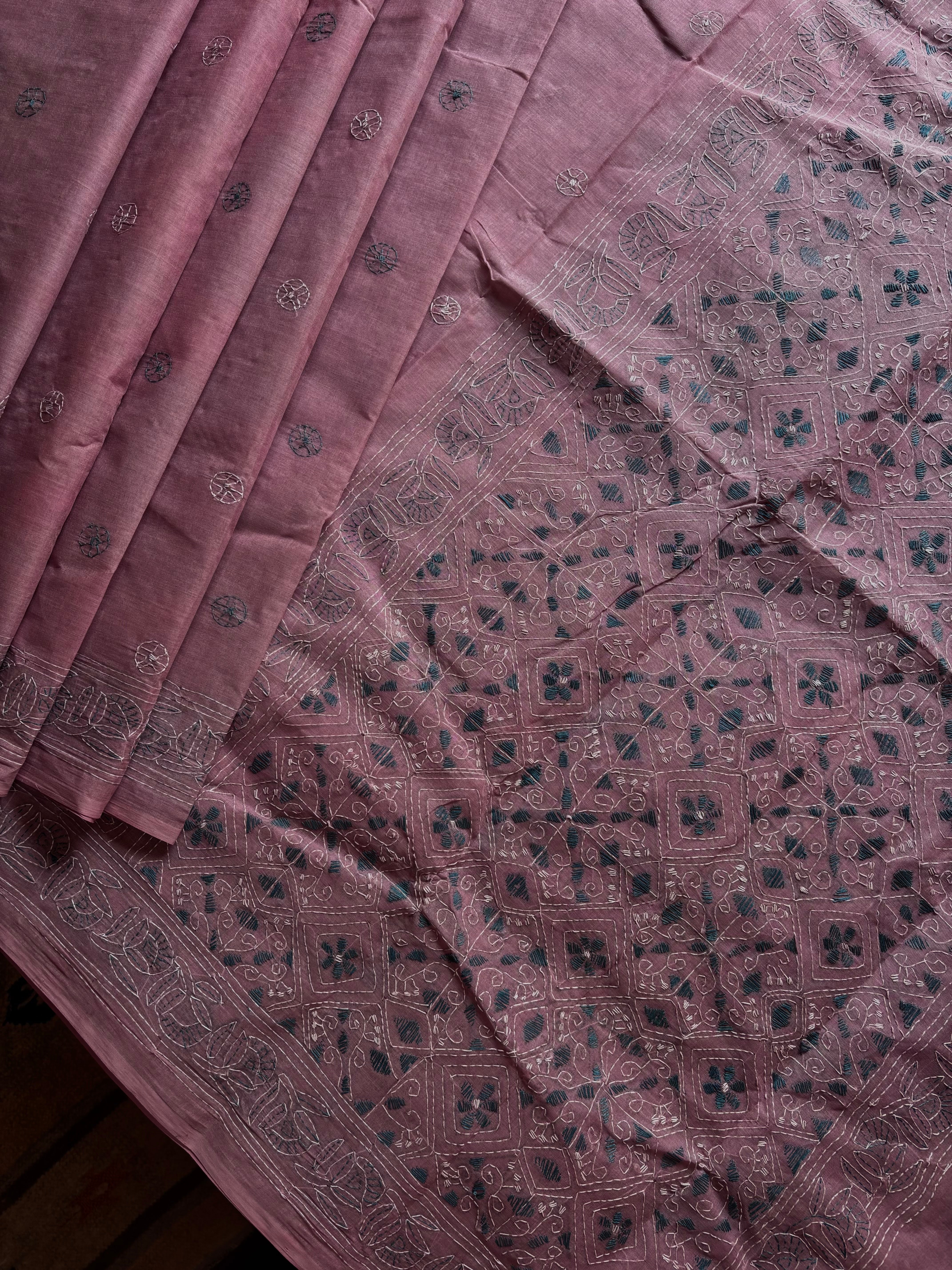Handmade Dusty Mauve Cotton Kantha Saree