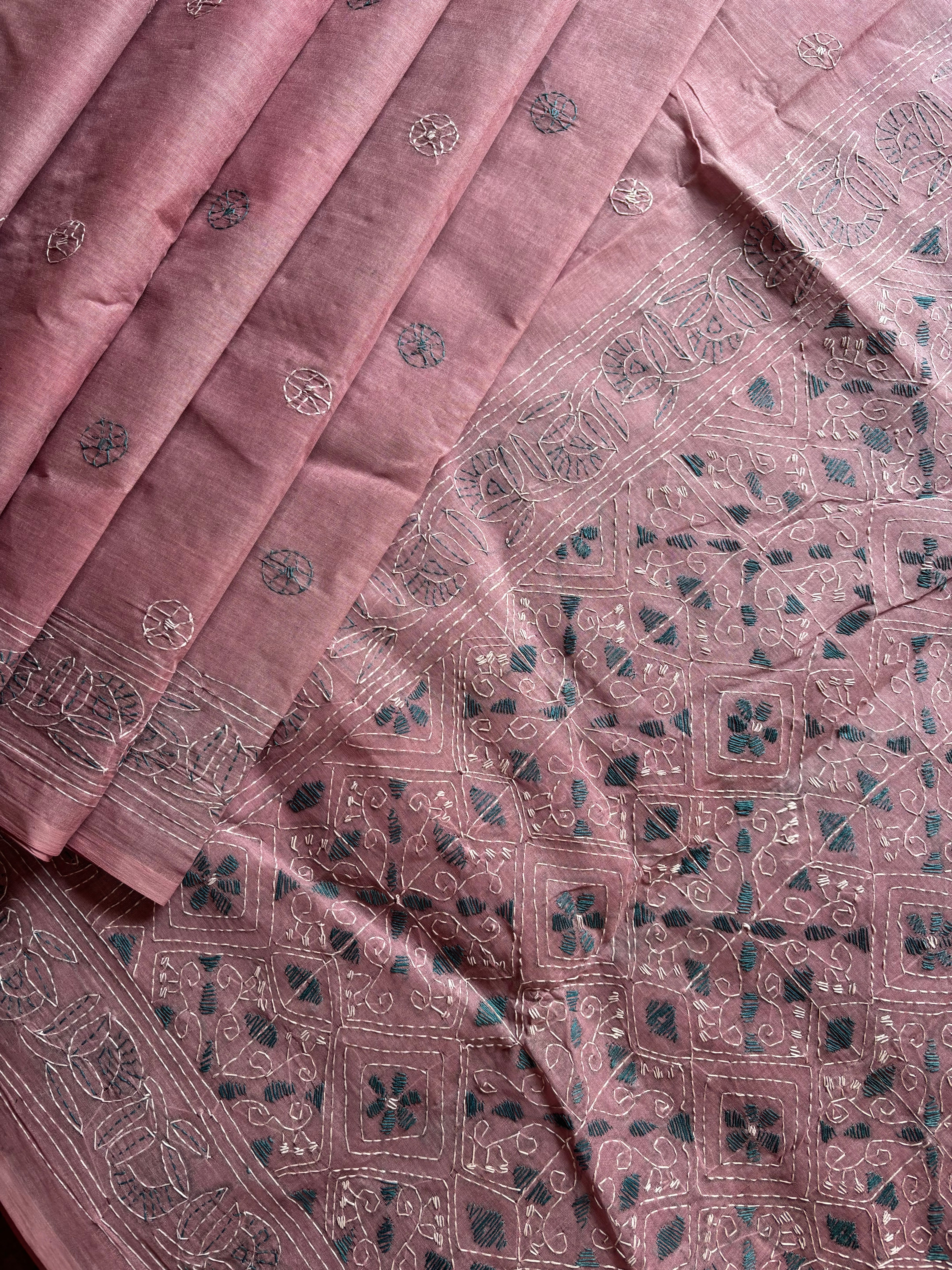 Handmade Dusty Mauve Cotton Kantha Saree