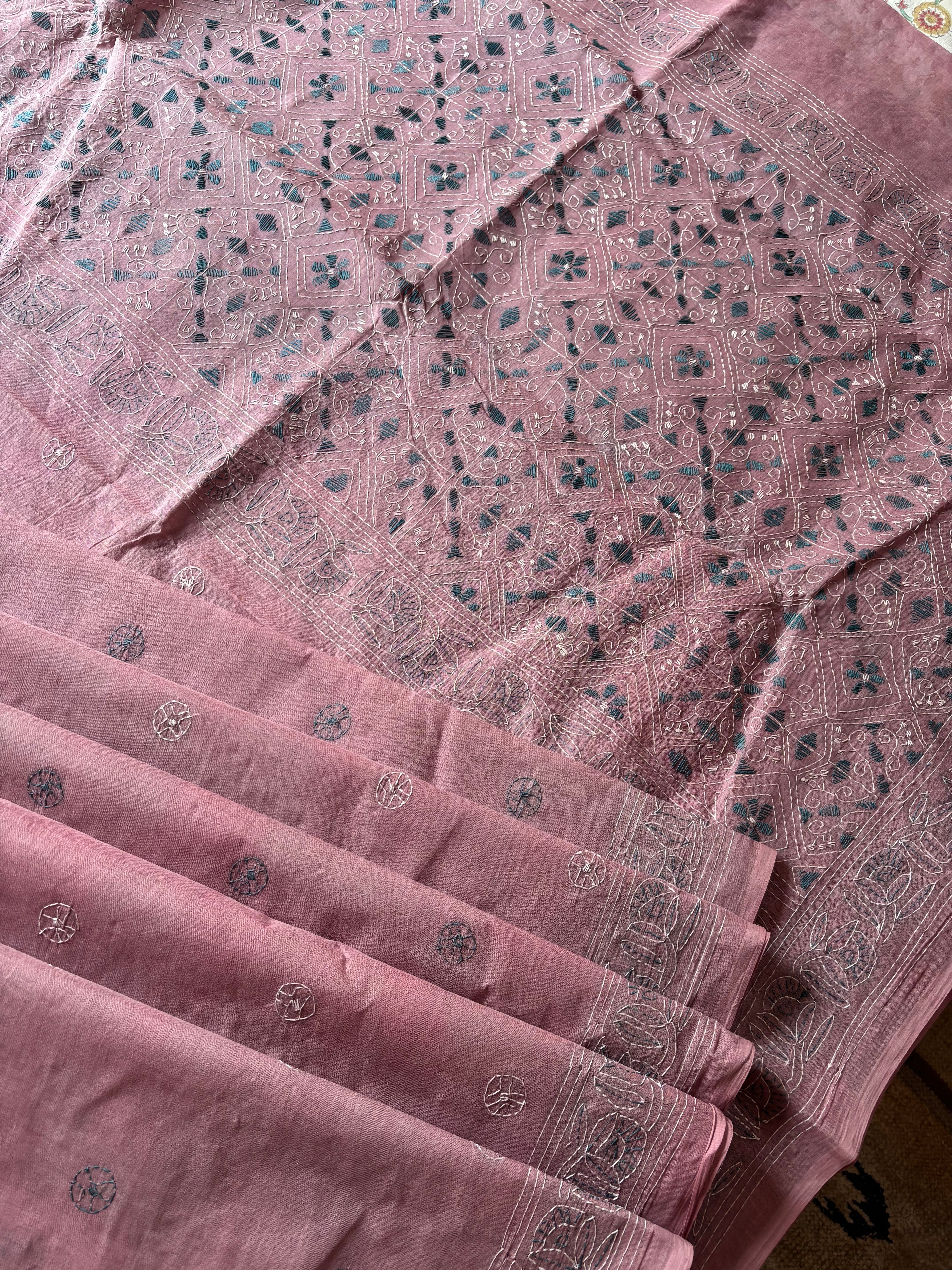 Handmade Dusty Mauve Cotton Kantha Saree