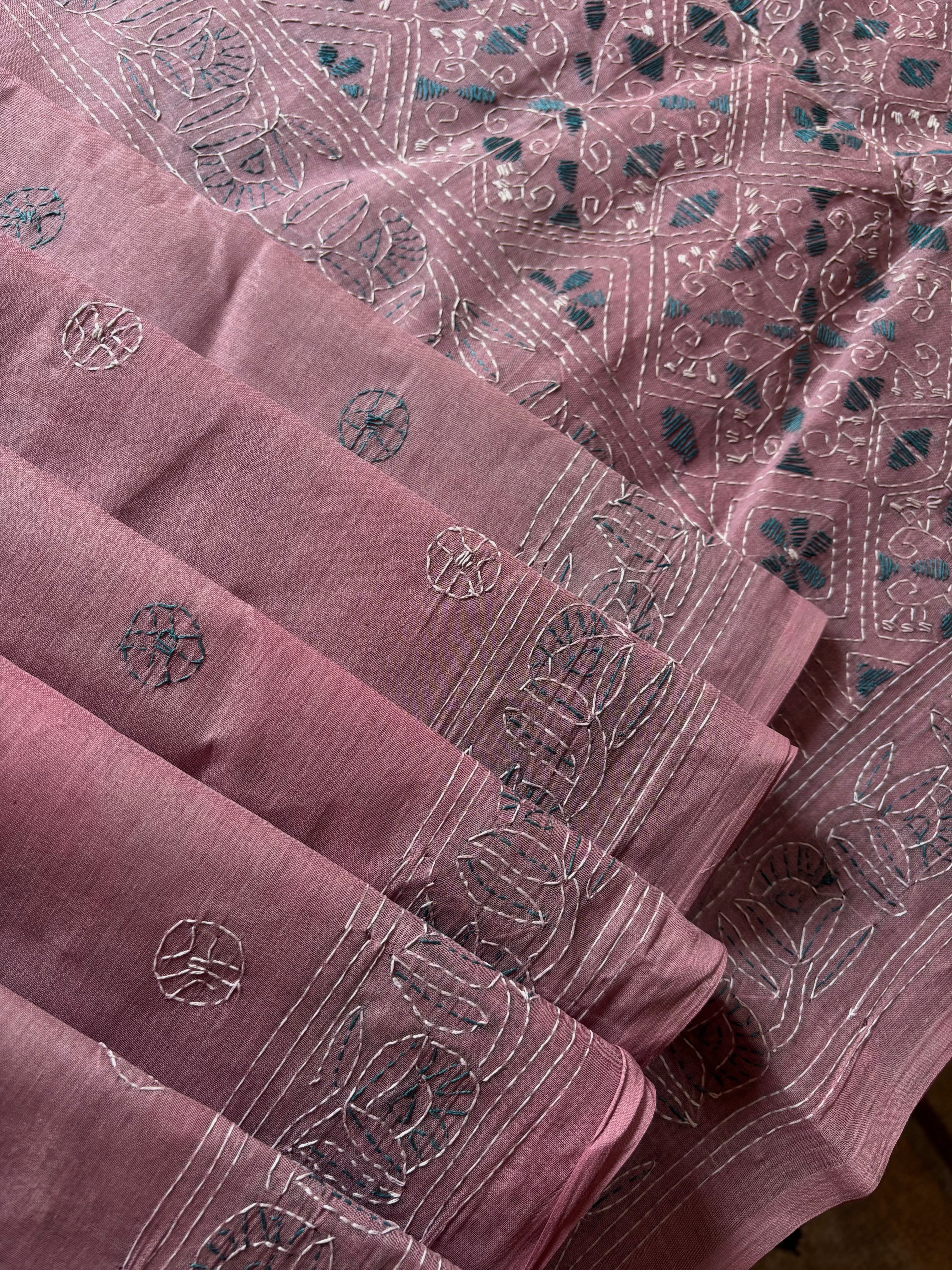 Handmade Dusty Mauve Cotton Kantha Saree