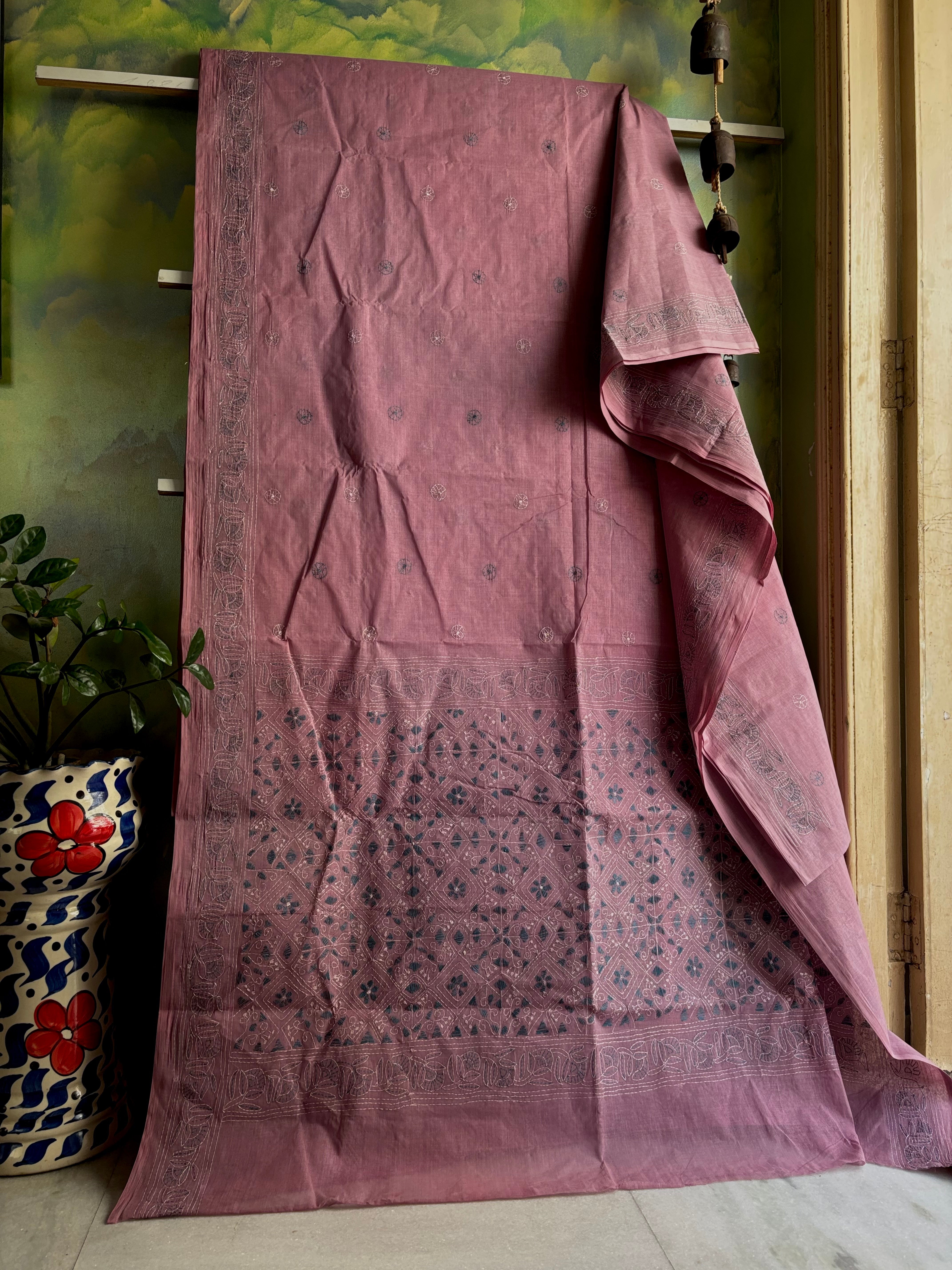 Handmade Dusty Mauve Cotton Kantha Saree
