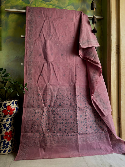 Handmade Dusty Mauve Cotton Kantha Saree