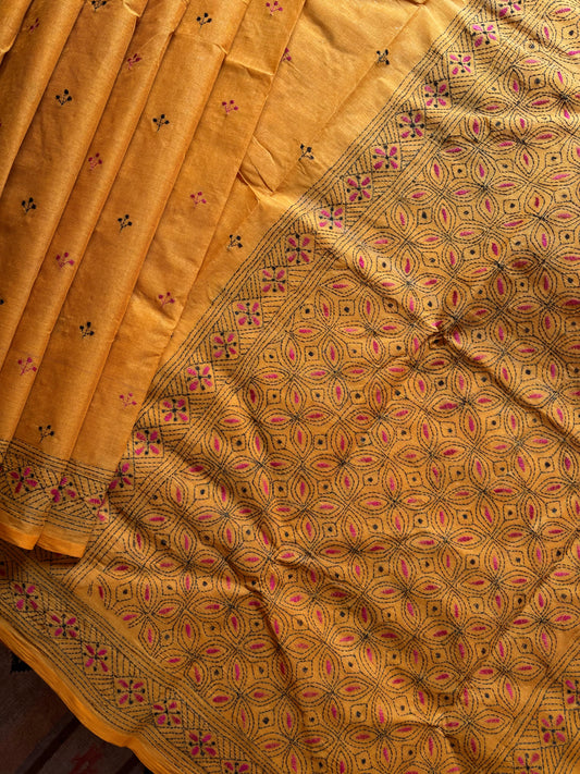 Handmade Mustard Yellow Cotton Kantha Saree