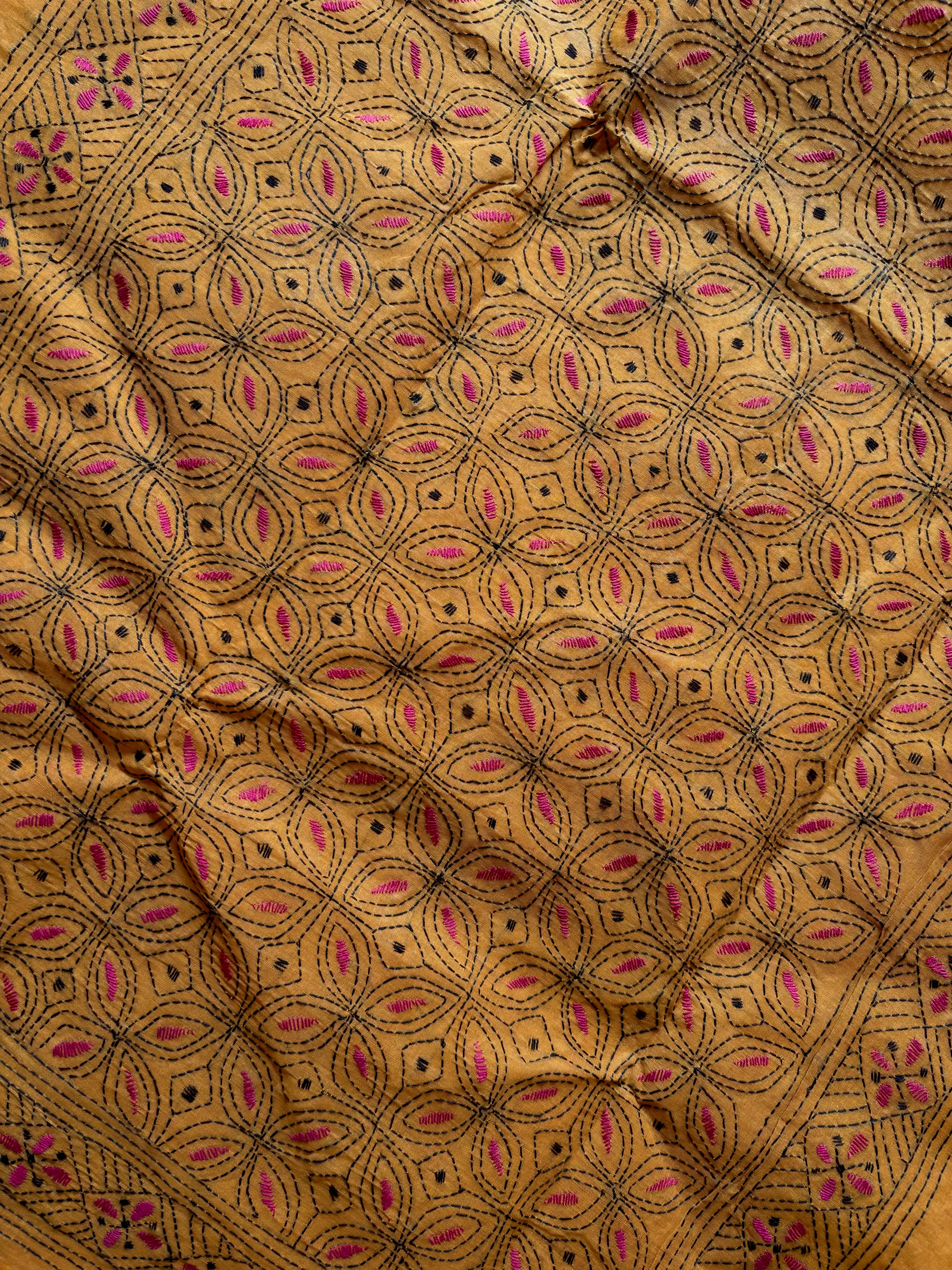 Handmade Mustard Yellow Cotton Kantha Saree