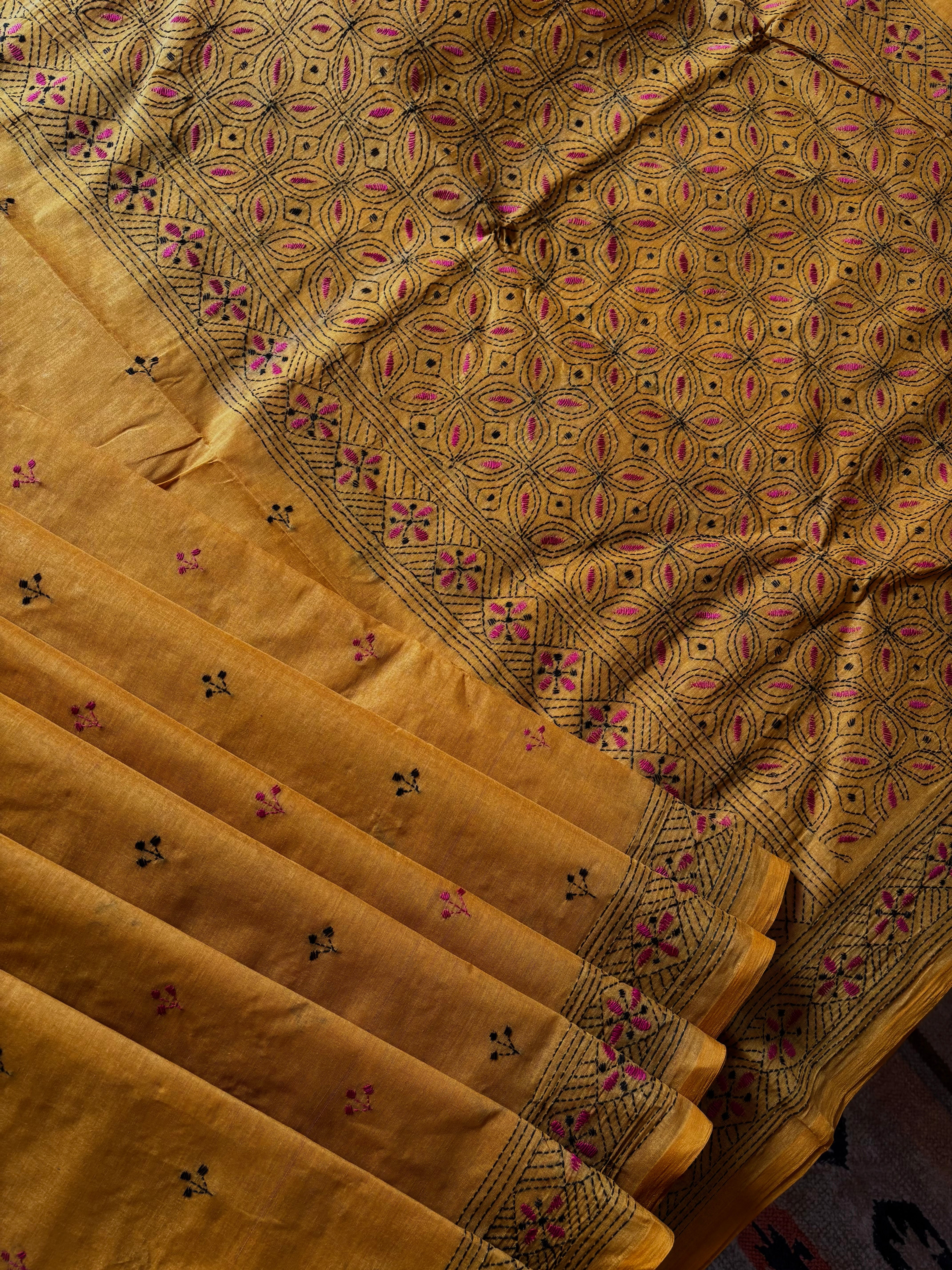 Handmade Mustard Yellow Cotton Kantha Saree